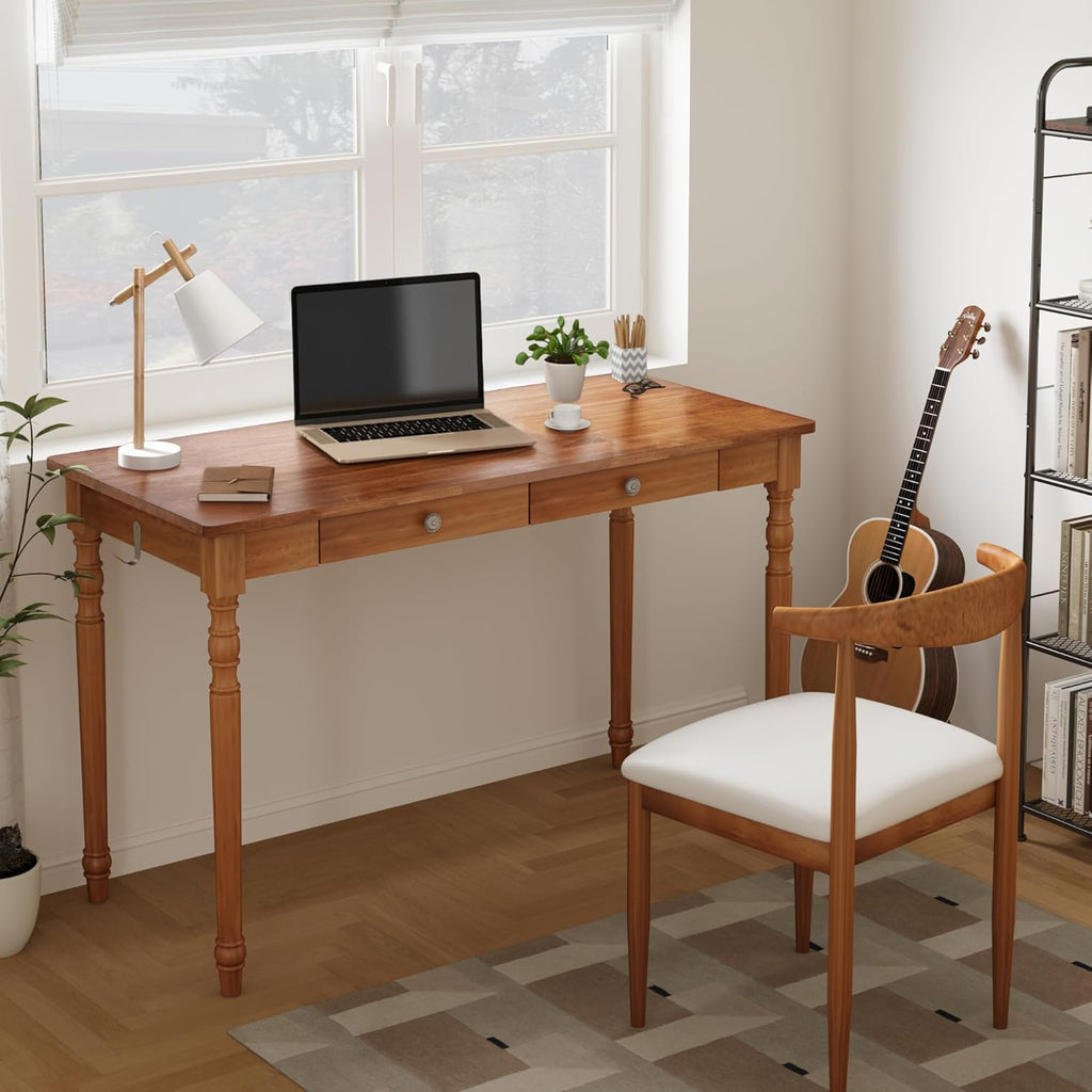 Mid Century Modern Desk, 47" Vintage Solid Wood Desk with 2 Drawers, Boho Writing Desk Computer Table for Home, Office, Bedroom, Living Room