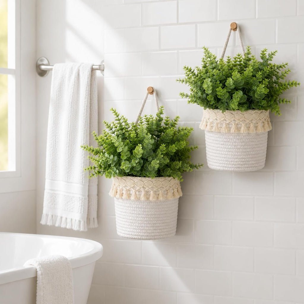 2pcs Hanging Wall Basket with Tassels 4 Pcs Faux Eucalyptus Stems, Boho Cotton Rope Woven Plant Holder, White Hanging Planter for Living Room, Farmhouse Decor, Housewarming Gift for Women