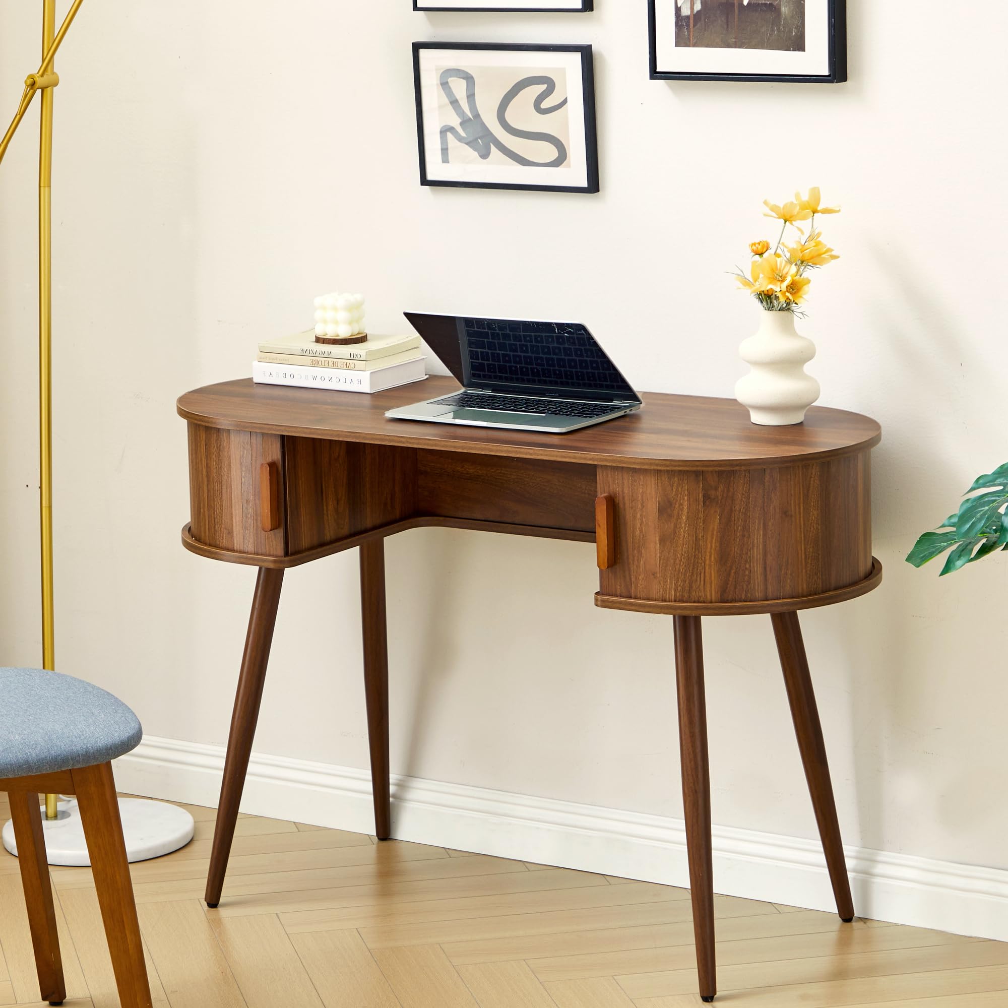 Mid-Century 59" Wood Writing Desk, Home Office Computer Laptop Desk with 2 Flip Storage Space + 2 Drawer, 150 CM Elegant Fluted Vanity Table Multifunctional Study Desk for Office, Bedroom (Wlanut)