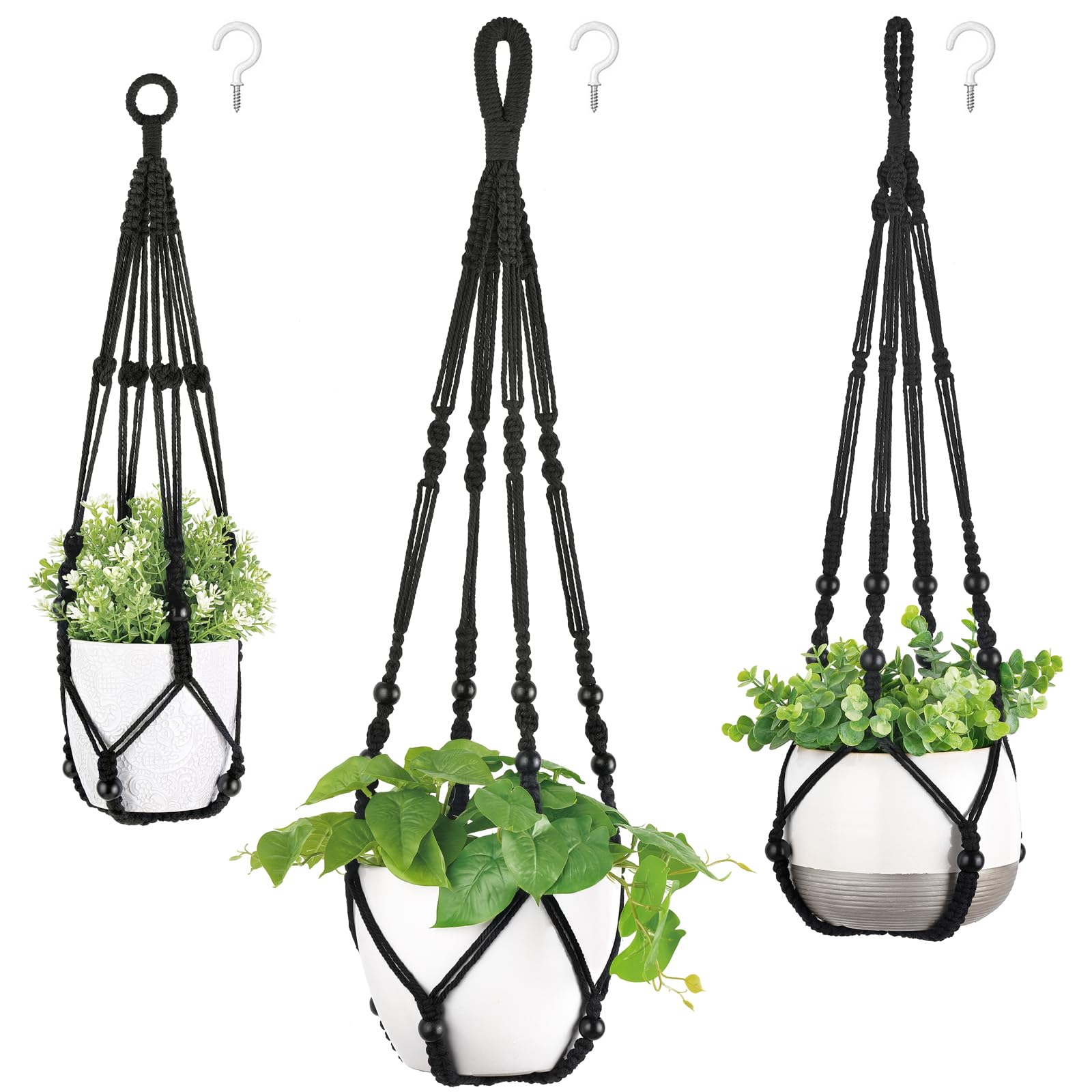 Mkono 3 Pack Macrame Plant Hangers Indoor Different Size Hanging Planter Basket Flower Pot Holder with Beads No Tassels 35"/29"/23", Medium, Ivory