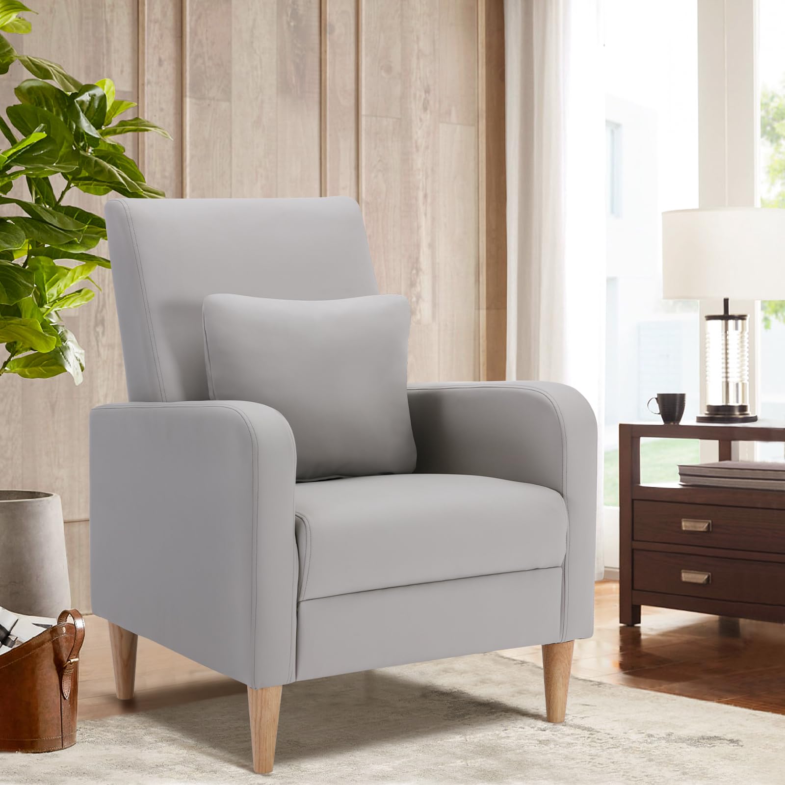 COLAMY Modern Upholstered Accent Chair Armchair with Pillow, Fabric Reading Living Room Side Chair,Single Sofa with Lounge Seat and Wood Legs, Blue