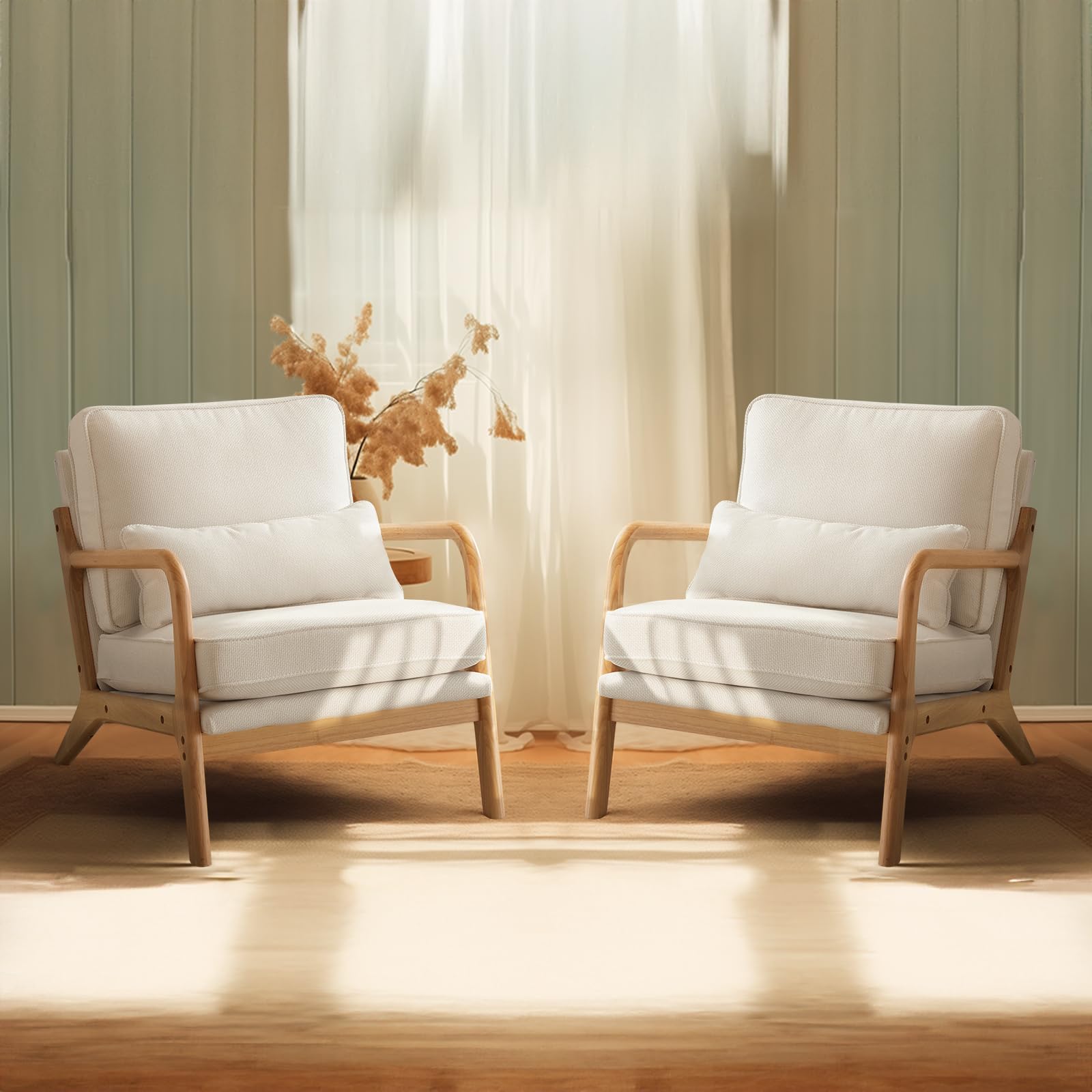 Beige Linen Mid Century Accent Chair, Solid Wood Frame Padded Lounge Armchair for Living Room Bedroom