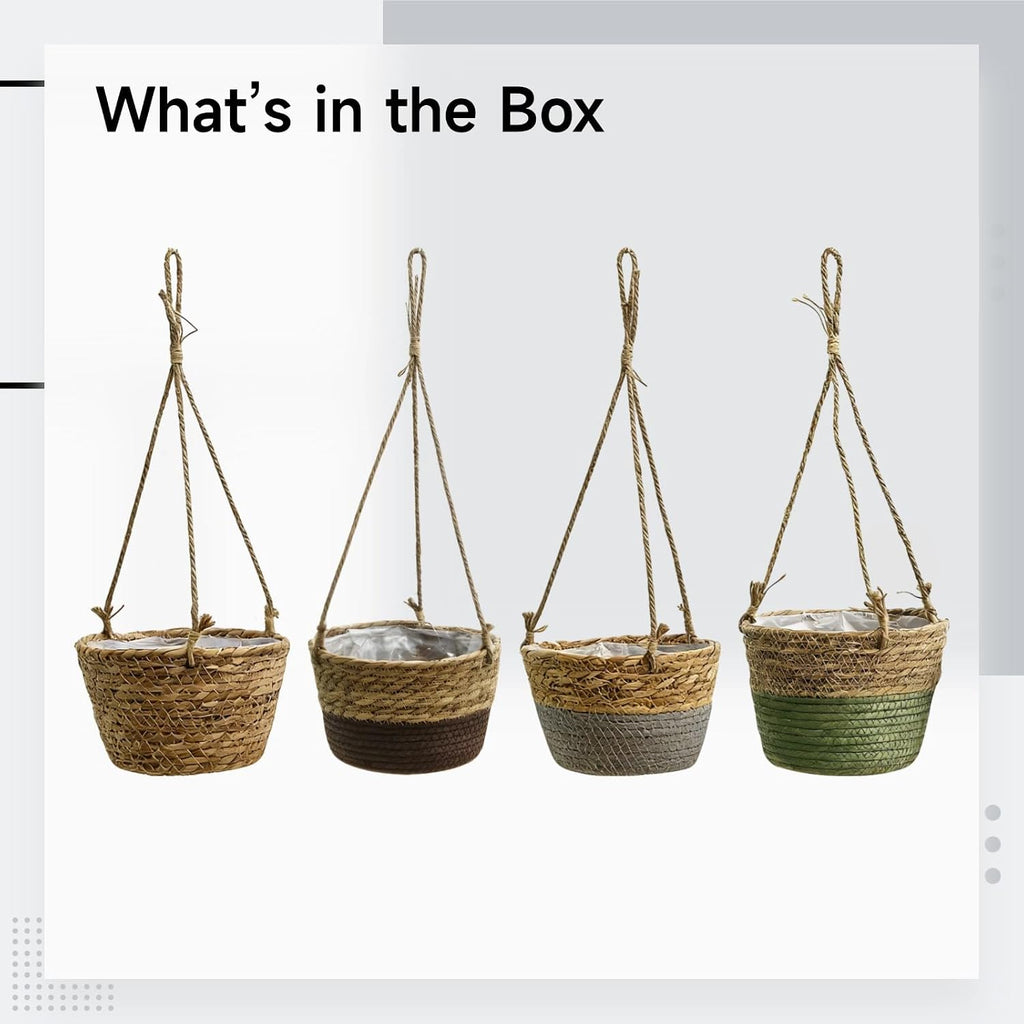 4 Pcs Woven Hanging Planter Basket Set, 7.9 in Opening, Plastic Liner, Jute Rope, Straw Plant Pots for Indoor Outdoor Plants