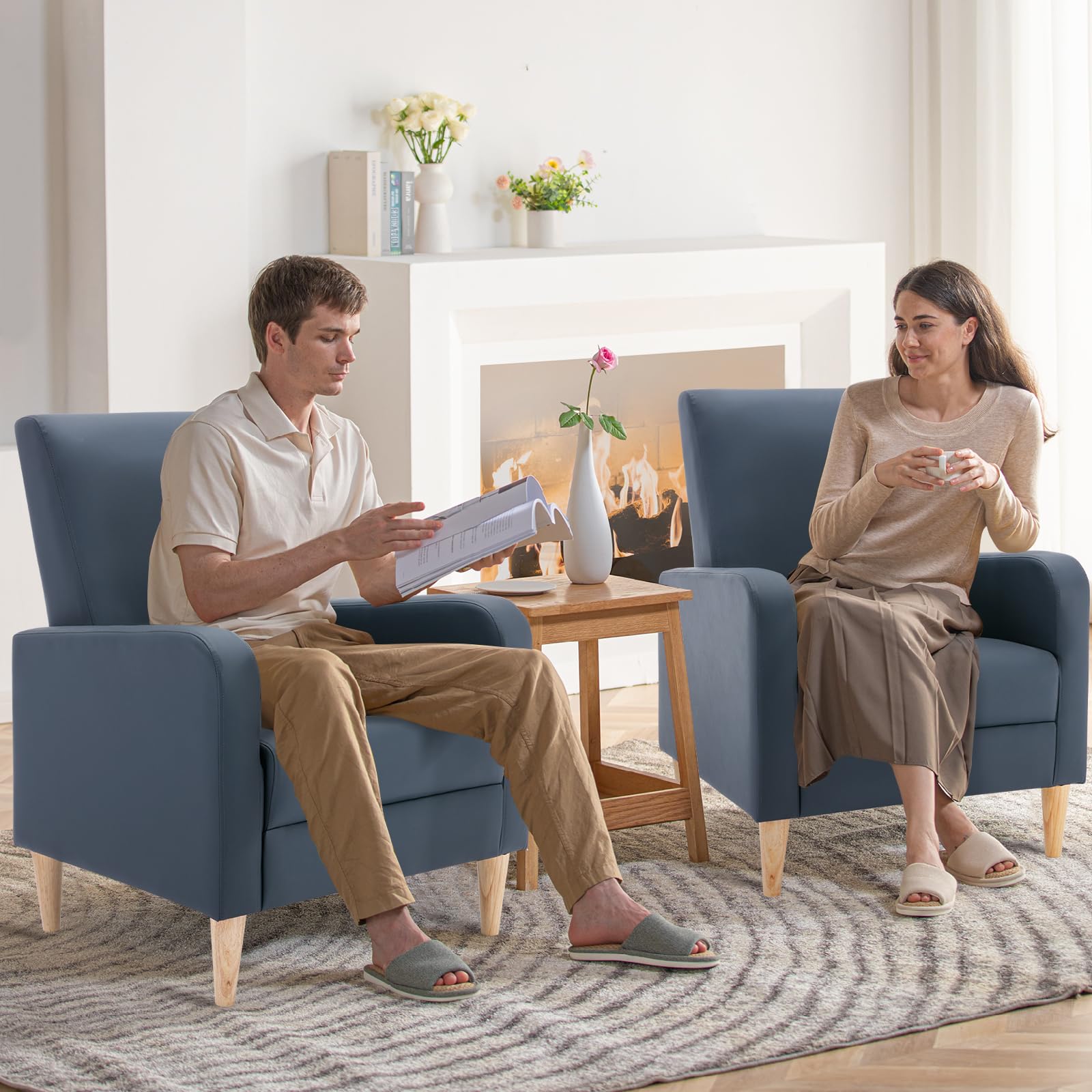 COLAMY Modern Upholstered Accent Chair Armchair with Pillow, Fabric Reading Living Room Side Chair,Single Sofa with Lounge Seat and Wood Legs, Blue