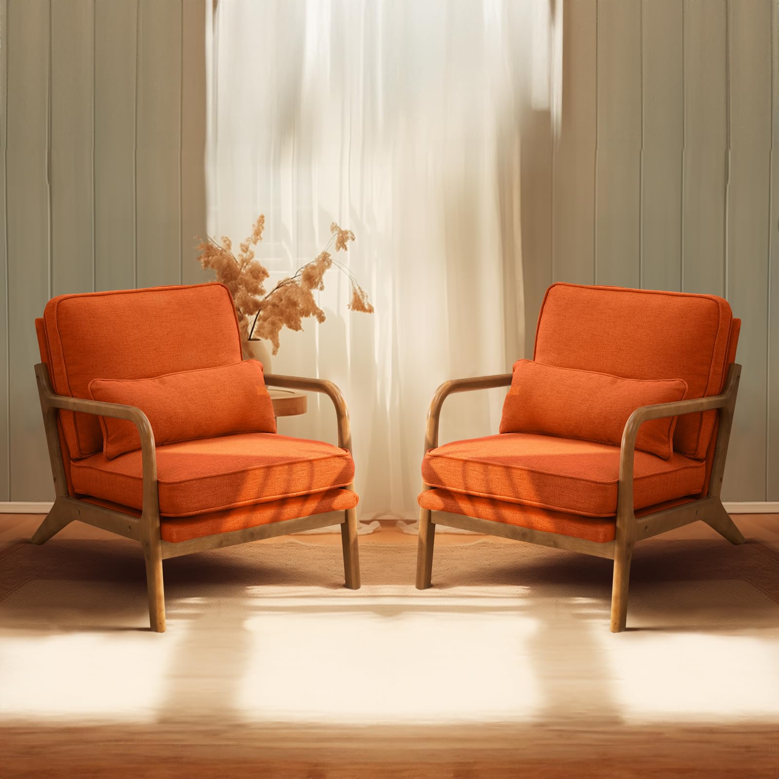 Beige Linen Mid Century Accent Chair, Solid Wood Frame Padded Lounge Armchair for Living Room Bedroom