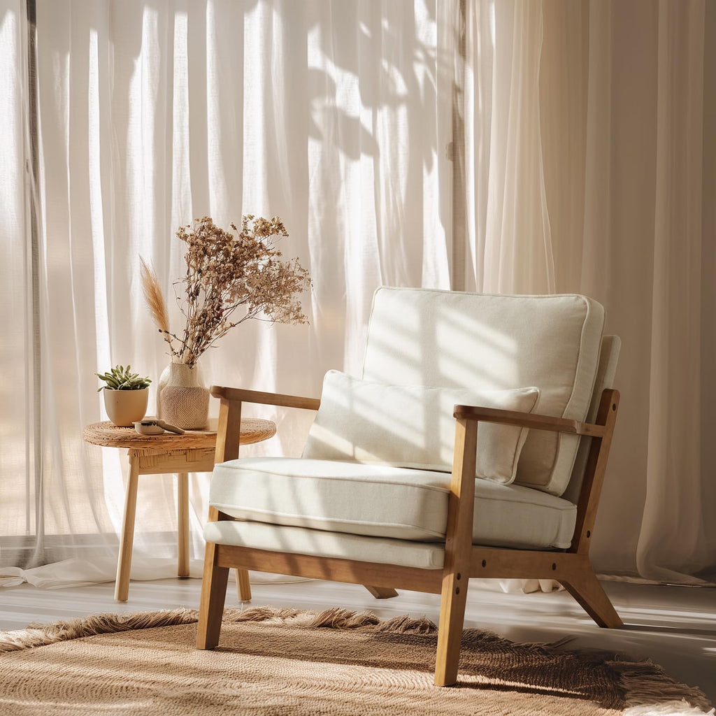 VINGLI Solid Wood Wide Armrests Accent Chair,Upholstered Mid Century Modern Chair with Pillow,Comfy Reading Chair Farmhouse Arm Chair,Chairs Living Room,Bedroom,Guest Room,Suede,Rustic