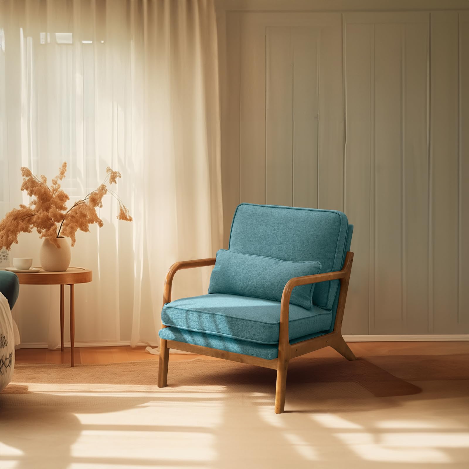 Beige Linen Mid Century Accent Chair, Solid Wood Frame Padded Lounge Armchair for Living Room Bedroom