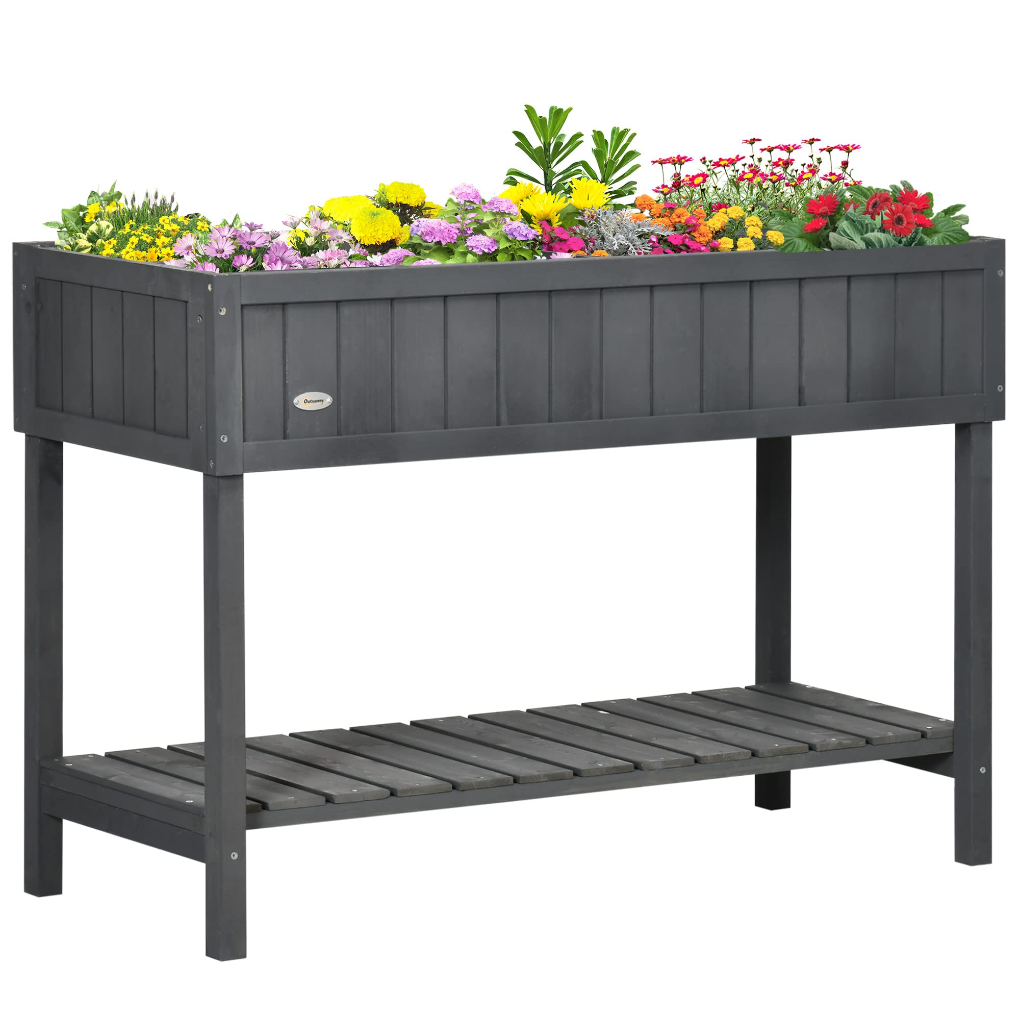 Outsunny 43x18x30in Raised Garden Bed with 8 Pockets and Shelf, Wooden Elevated Planter Box with Legs to Grow Herbs, Vegetables, and Flowers, Natural