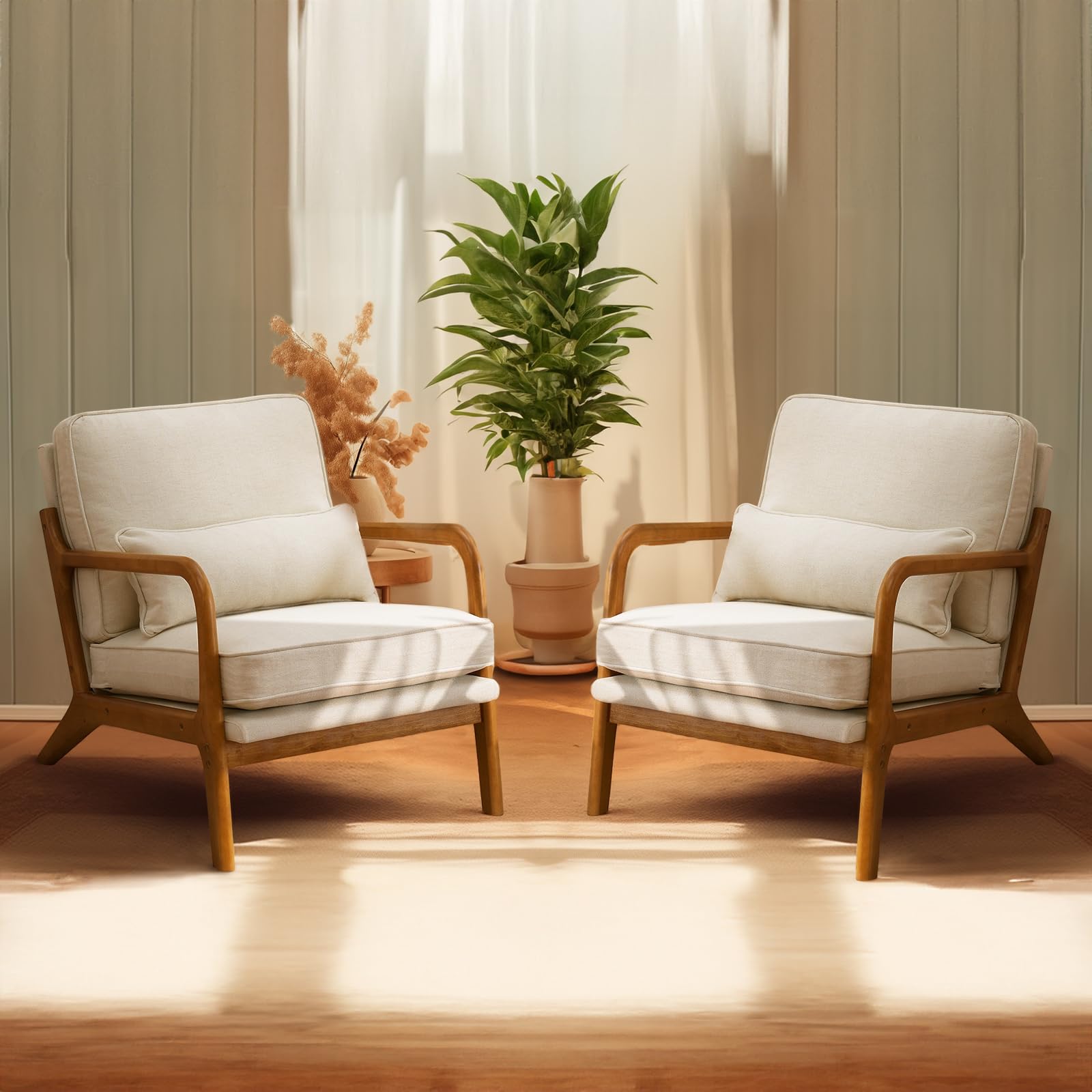 Beige Linen Mid Century Accent Chair, Solid Wood Frame Padded Lounge Armchair for Living Room Bedroom