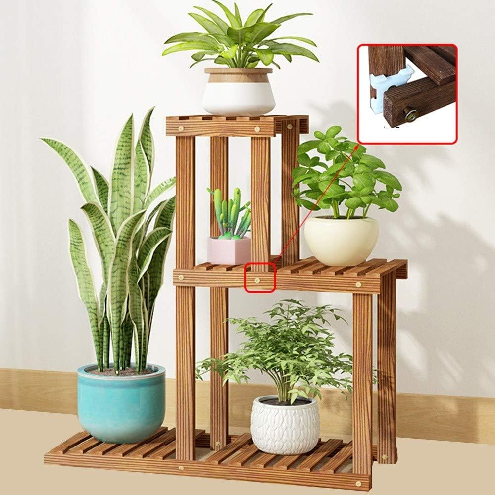 LUSTAR Stylish High and Low Rack Indoor Outdoor Plant Stand Wood Flower Pot Stand Plant Display Rack Holder Steady Vertical Shelves Brown-A