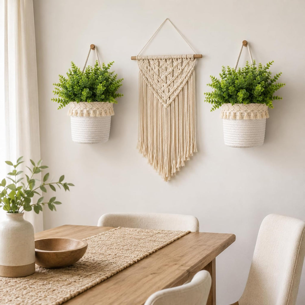 2pcs Hanging Wall Basket with Tassels 4 Pcs Faux Eucalyptus Stems, Boho Cotton Rope Woven Plant Holder, White Hanging Planter for Living Room, Farmhouse Decor, Housewarming Gift for Women