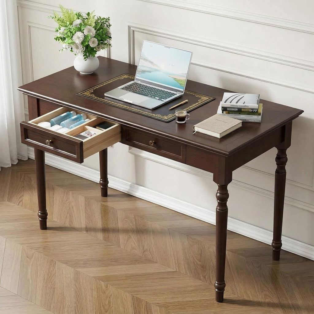 Vintage Walnut Writing Desk with 2 Drawers, 47" Traditional Farmhouse Computer Desk, Solid Wood Classic Vanity Dressing Table, for Home Office Study or Living Room, French Country Style