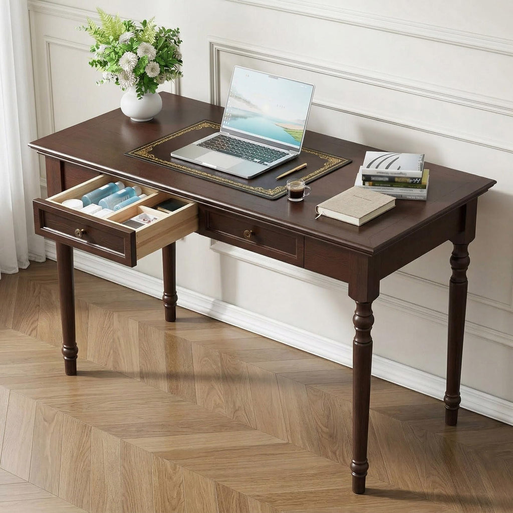 Vintage Walnut Writing Desk with 2 Drawers, 47" Traditional Farmhouse Computer Desk, Solid Wood Classic Vanity Dressing Table, for Home Office Study or Living Room, French Country Style