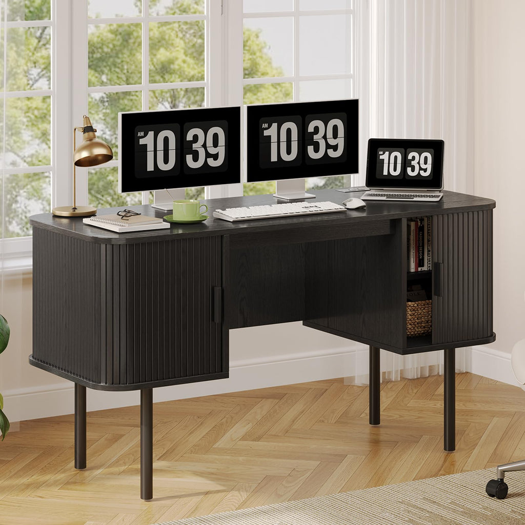 ONBRILL 55 Inch Fluted Computer Desk with Charging Station, Mid Century Executive Desk with 2 Storage Cabinets, Modern Home Office Large Desk with Metal Legs for Working, Studying, Writing, Walnut