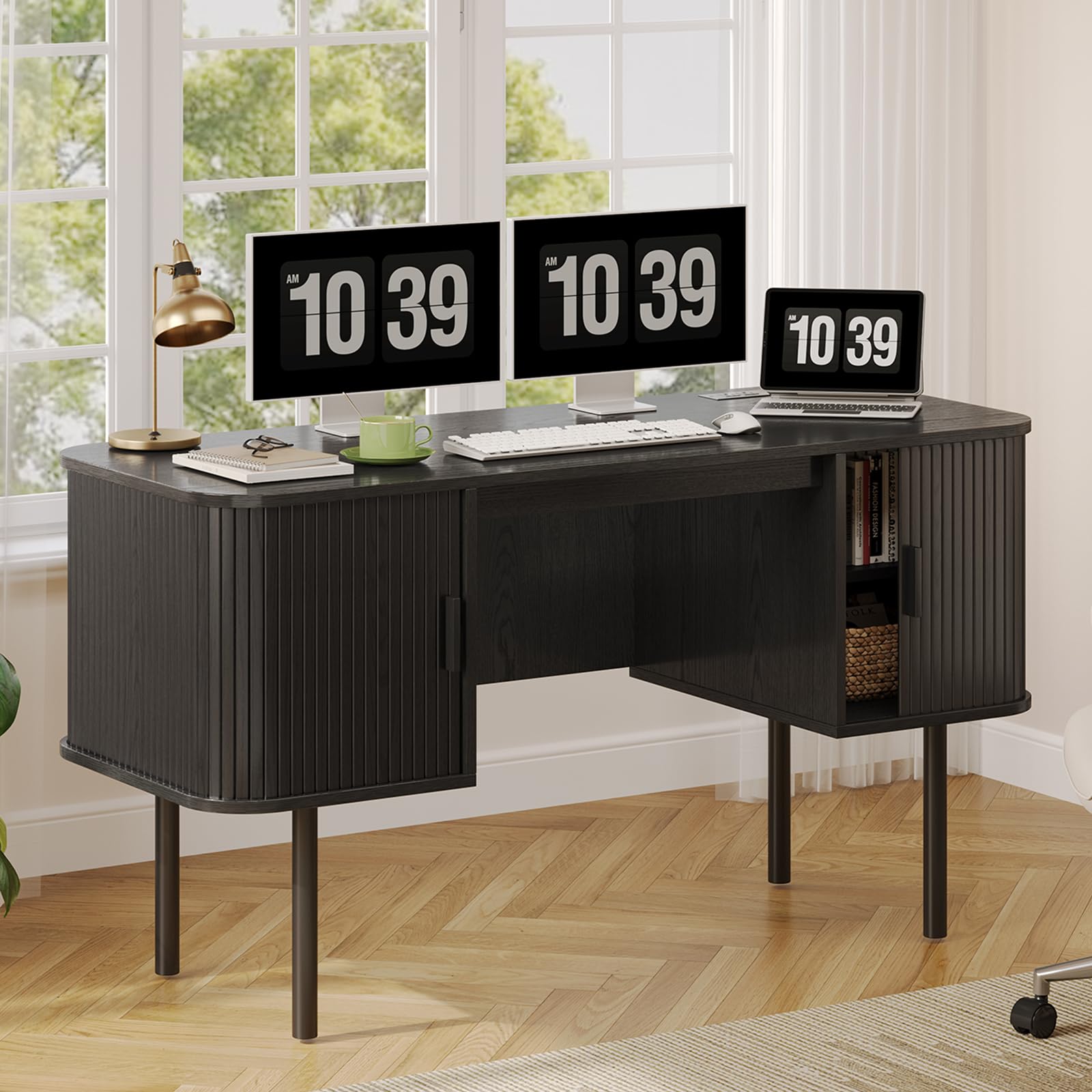 ONBRILL 55 Inch Fluted Computer Desk with Charging Station, Mid Century Executive Desk with 2 Storage Cabinets, Modern Home Office Large Desk with Metal Legs for Working, Studying, Writing, Walnut