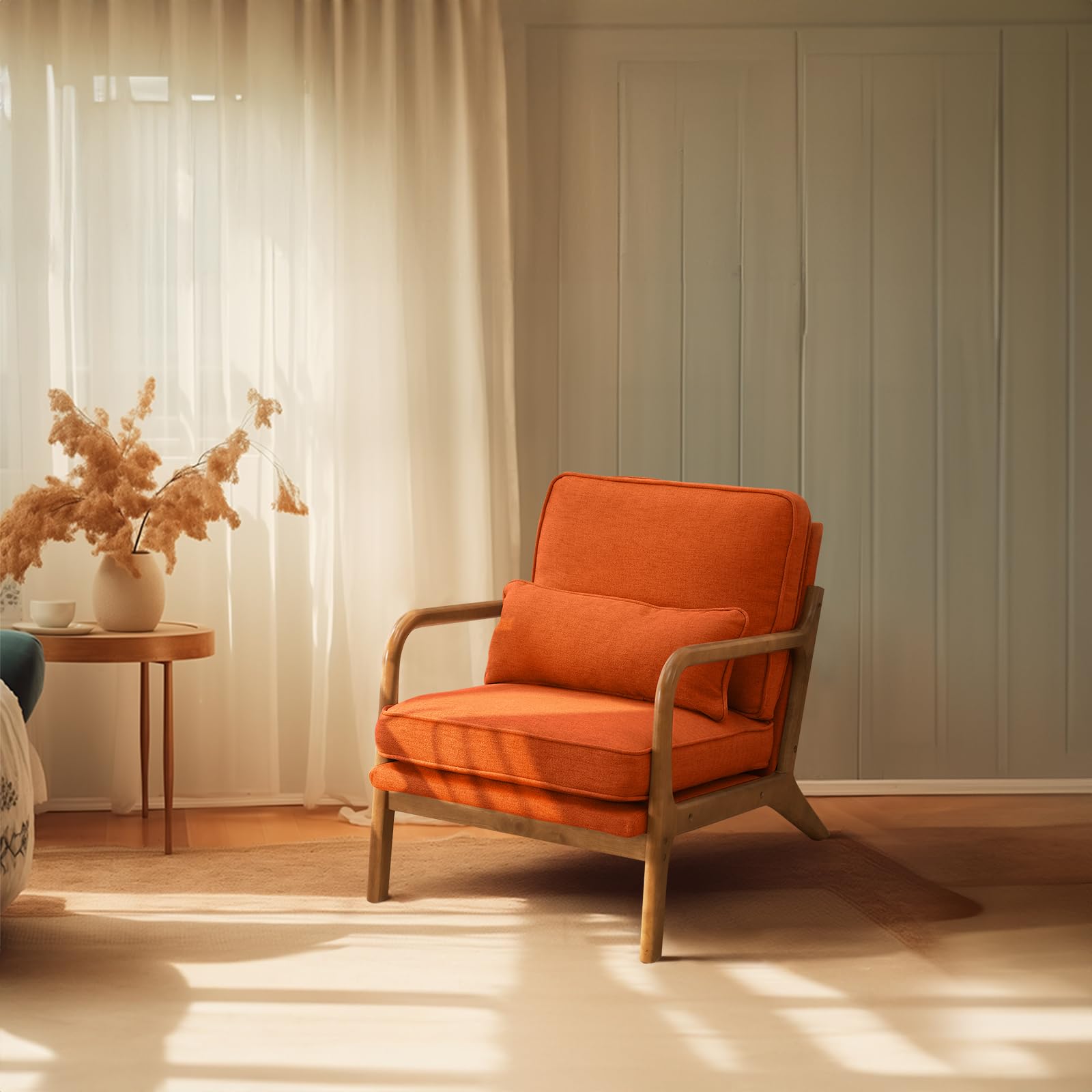 Beige Linen Mid Century Accent Chair, Solid Wood Frame Padded Lounge Armchair for Living Room Bedroom