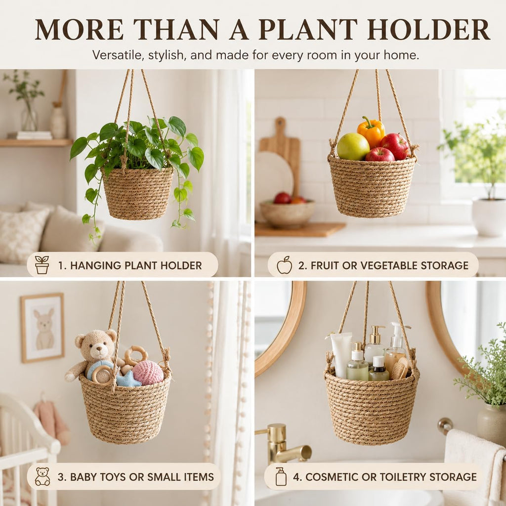 2 Pack Rattan Woven Hanging Planter Baskets with Jute Rope & Plastic Liner, Indoor Outdoor Macrame Plant Holder