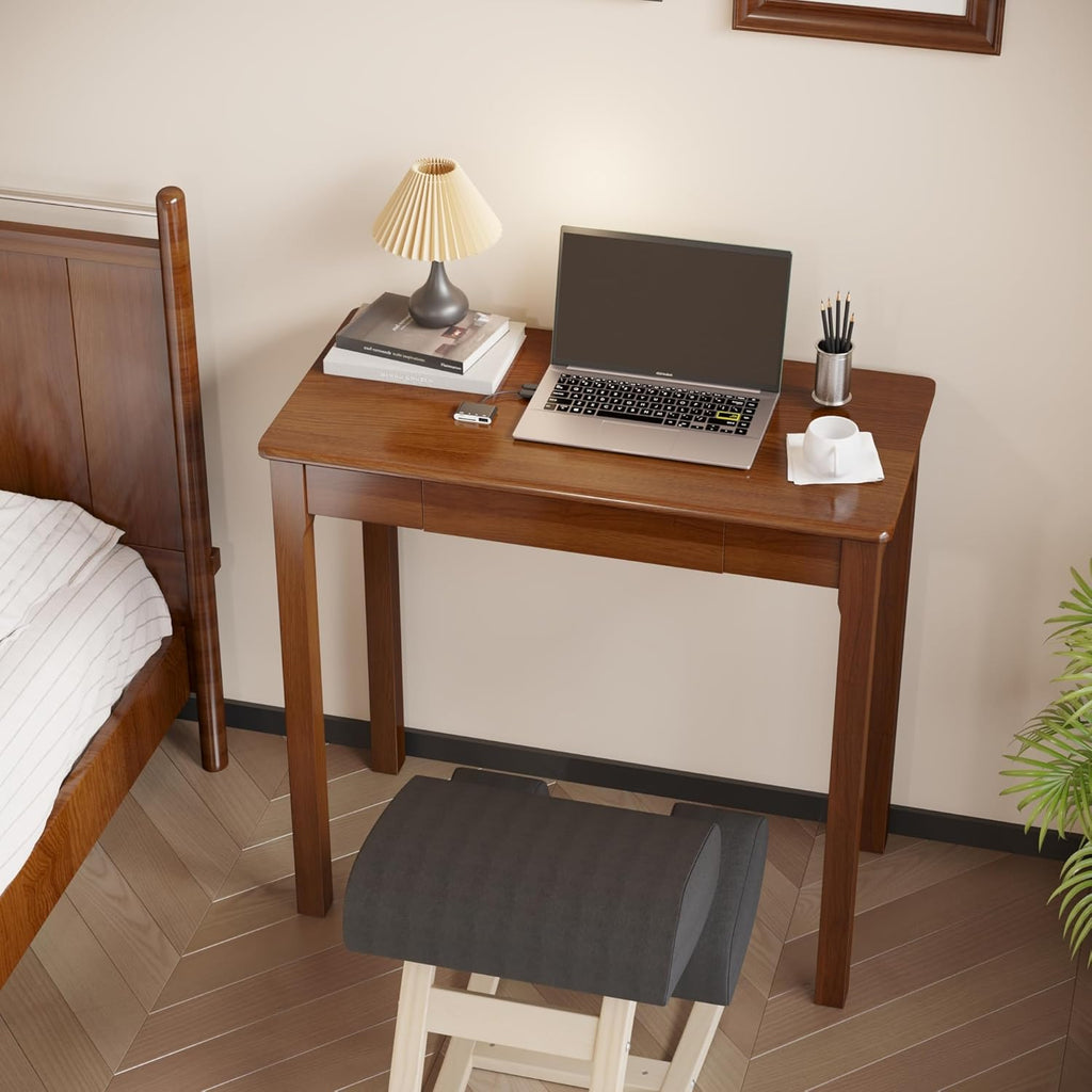 32×16 Inch Walnut Rubberwood Mid Century Narrow Desk with Drawers, Small Writing Table for Bedroom Small Spaces