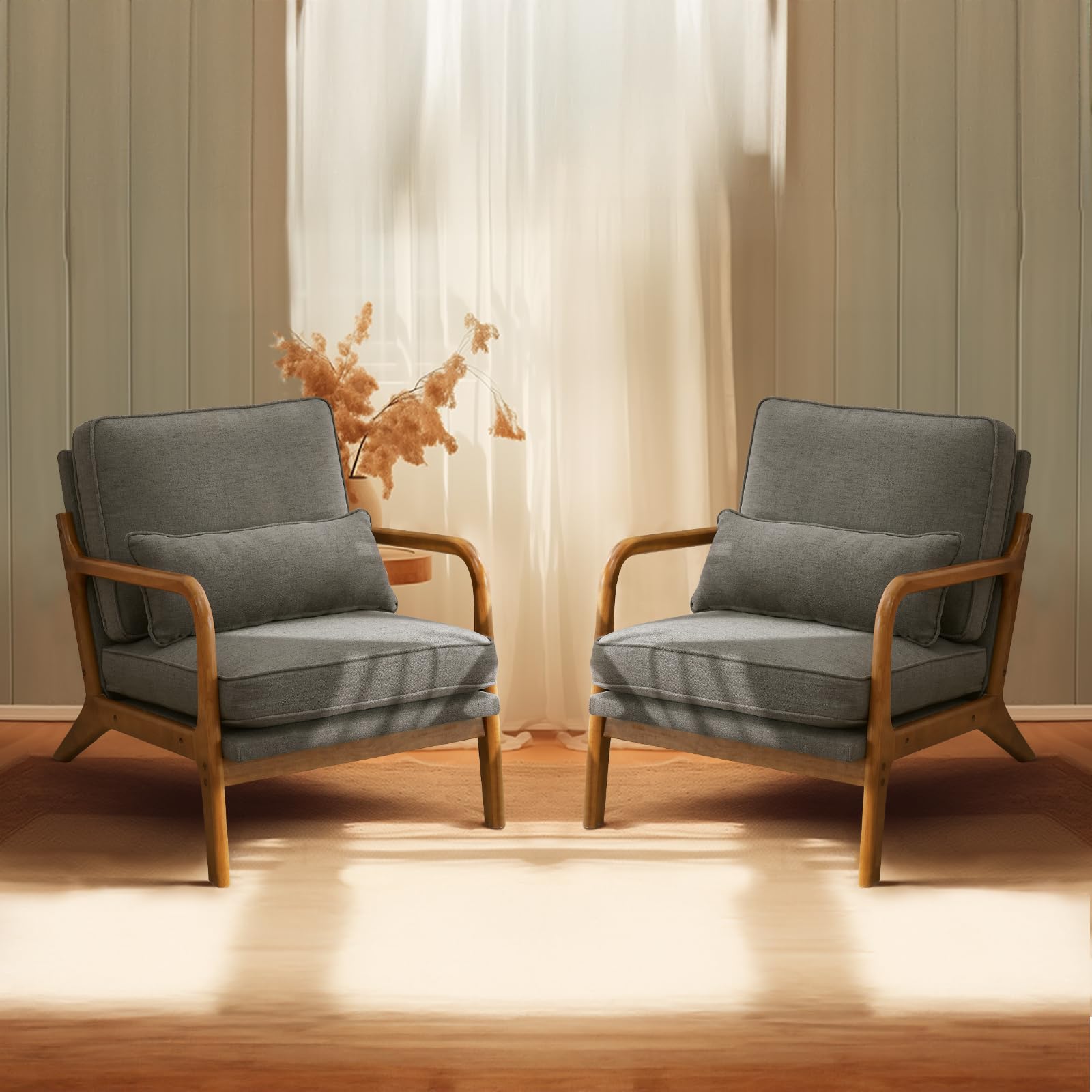 Beige Linen Mid Century Accent Chair, Solid Wood Frame Padded Lounge Armchair for Living Room Bedroom