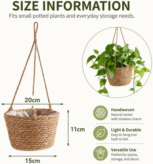 2 Pack Rattan Woven Hanging Planter Baskets with Jute Rope & Plastic Liner, Indoor Outdoor Macrame Plant Holder