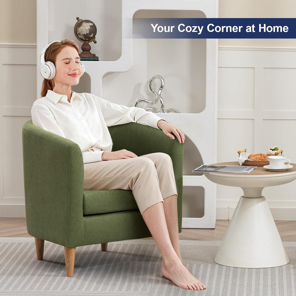 Green Padded Barrel Armchair, Comfy Small Reading Chair for Indoor Use