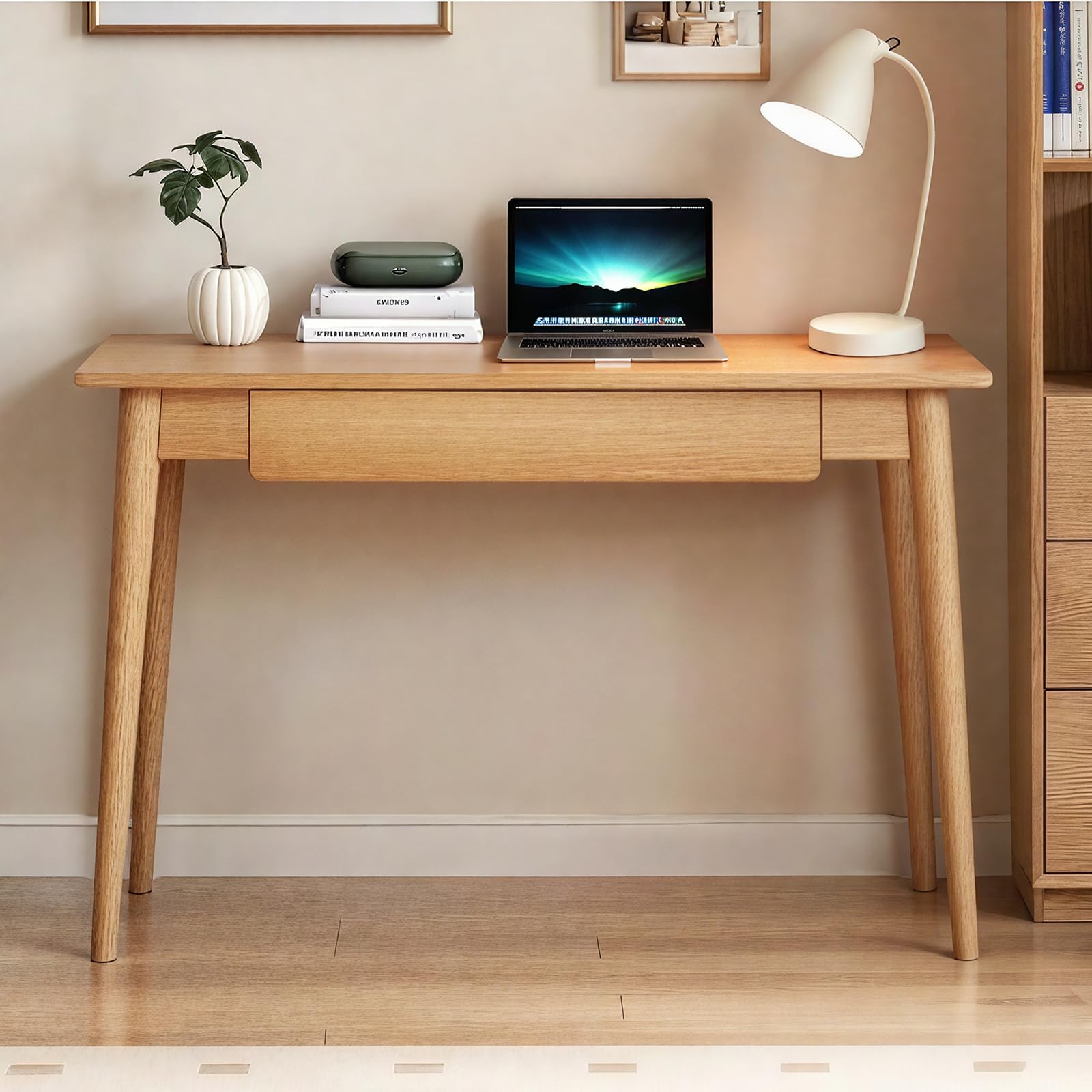 39 Inch Solid Oak Mid Century Desk with 2 Drawers, Home Office Writing Computer Table
