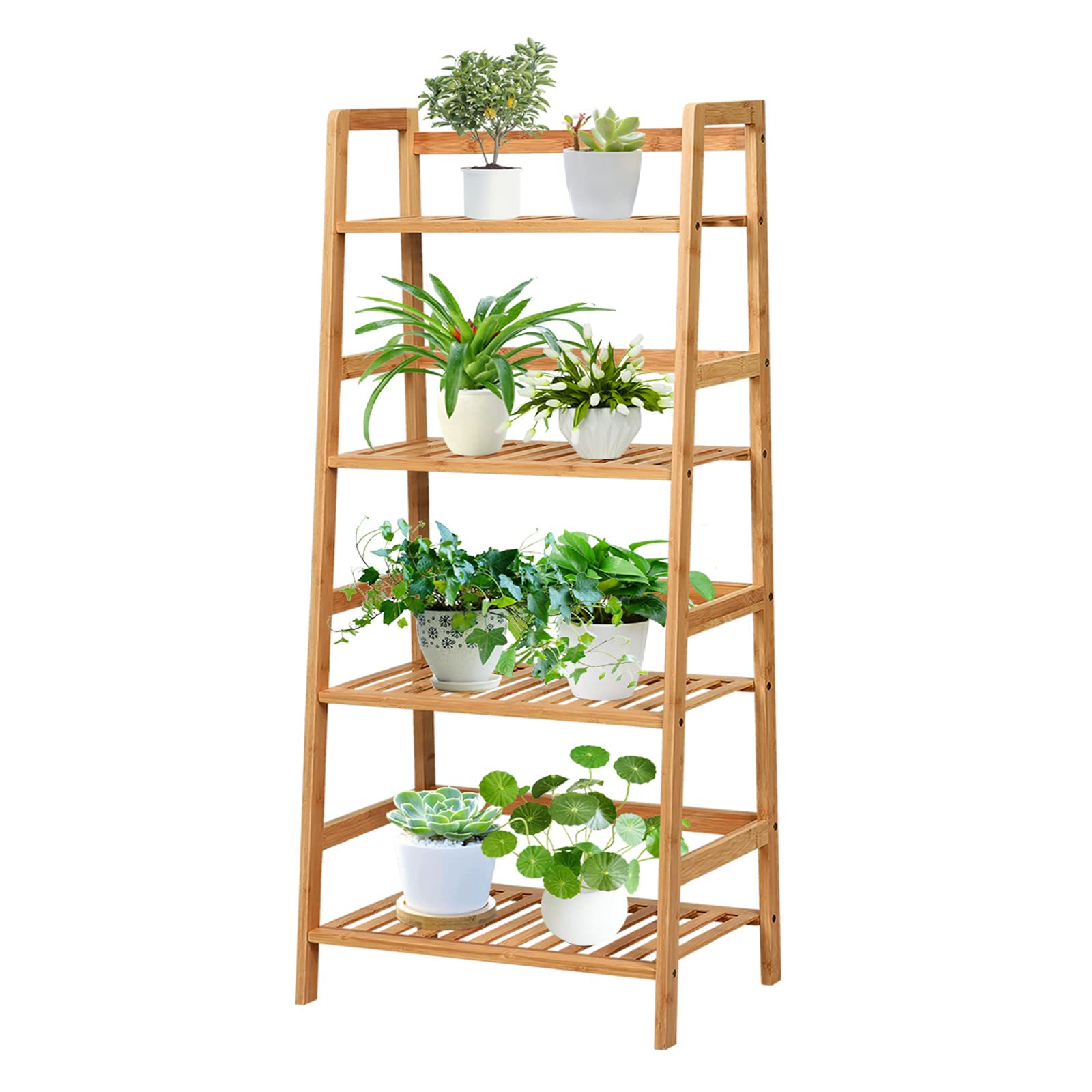 COSTWAY 4-tier Ladder Shelf, Bamboo Plant Stand Rack, Freestanding Bookshelf, Multifunctional Storage Shelves, Flower Stand Rack Holder for Garden, Balcony, Living Room, Bedroom (Natural)