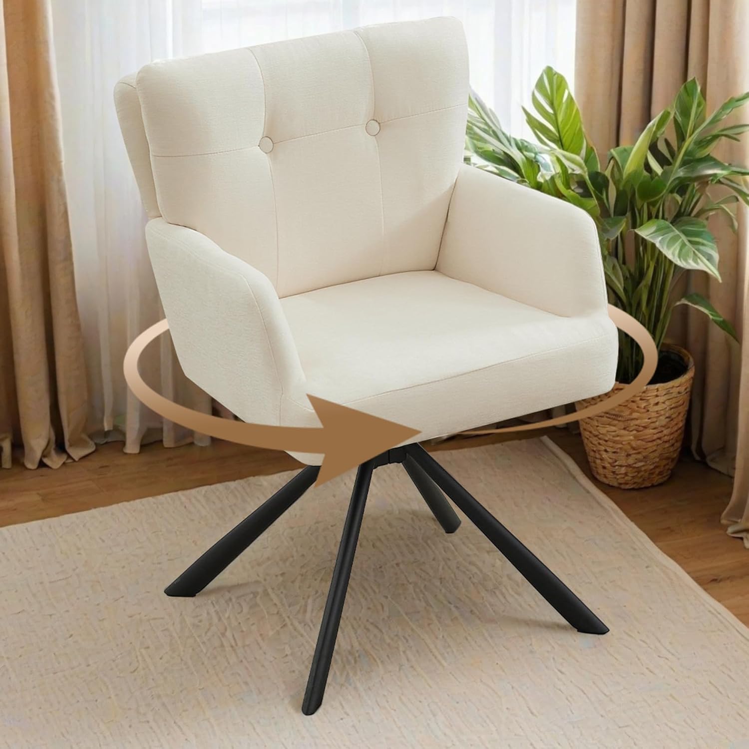 WUTUTUEE Fabric Dining Chair Modern Upholstered Swivel Dining Room Chairs Comfy Accent Armchair with Mid Back, Desk Arm Chair No Wheels for Kitchen/Living Room/Home Office, White