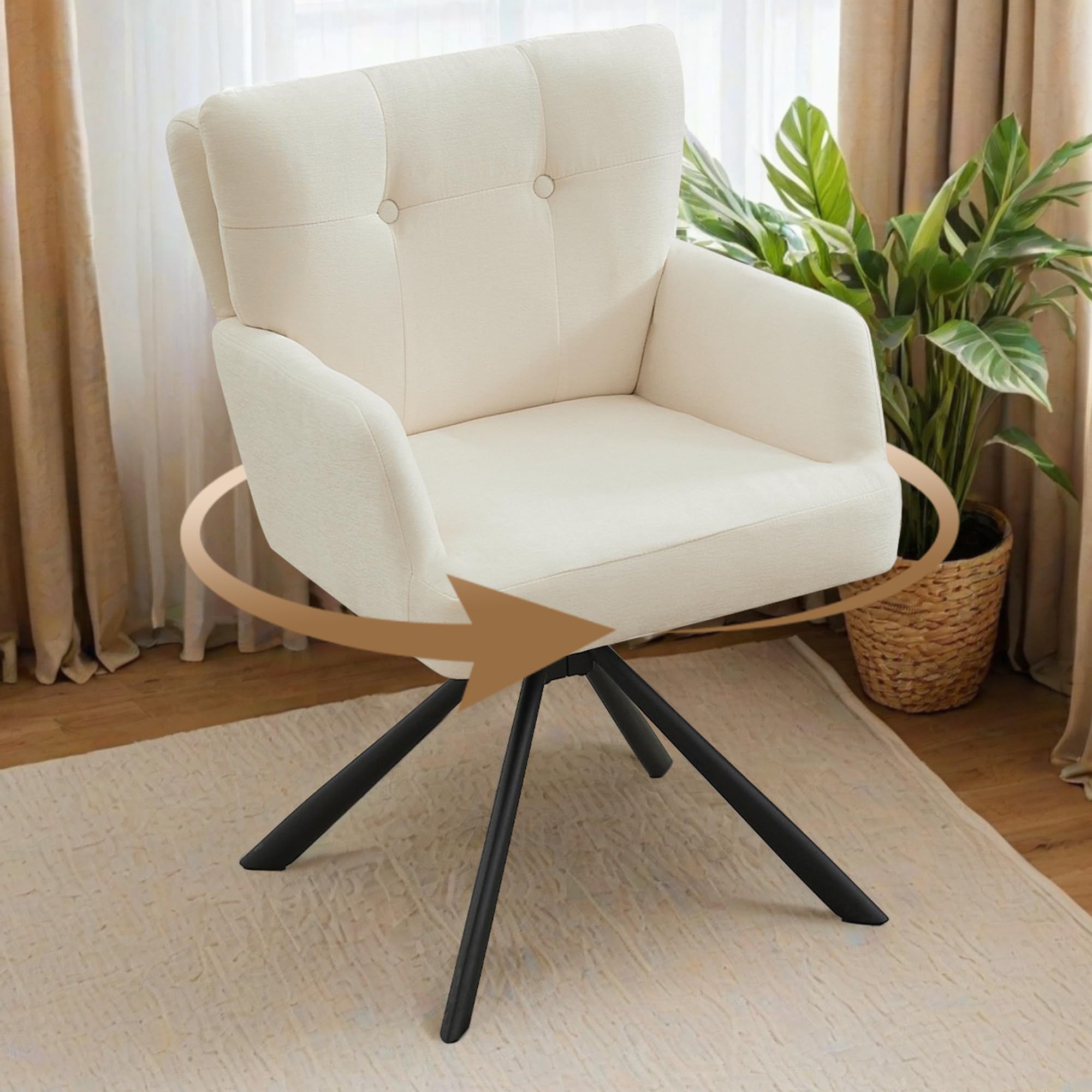 WUTUTUEE Fabric Dining Chair Modern Upholstered Swivel Dining Room Chairs Comfy Accent Armchair with Mid Back, Desk Arm Chair No Wheels for Kitchen/Living Room/Home Office, White
