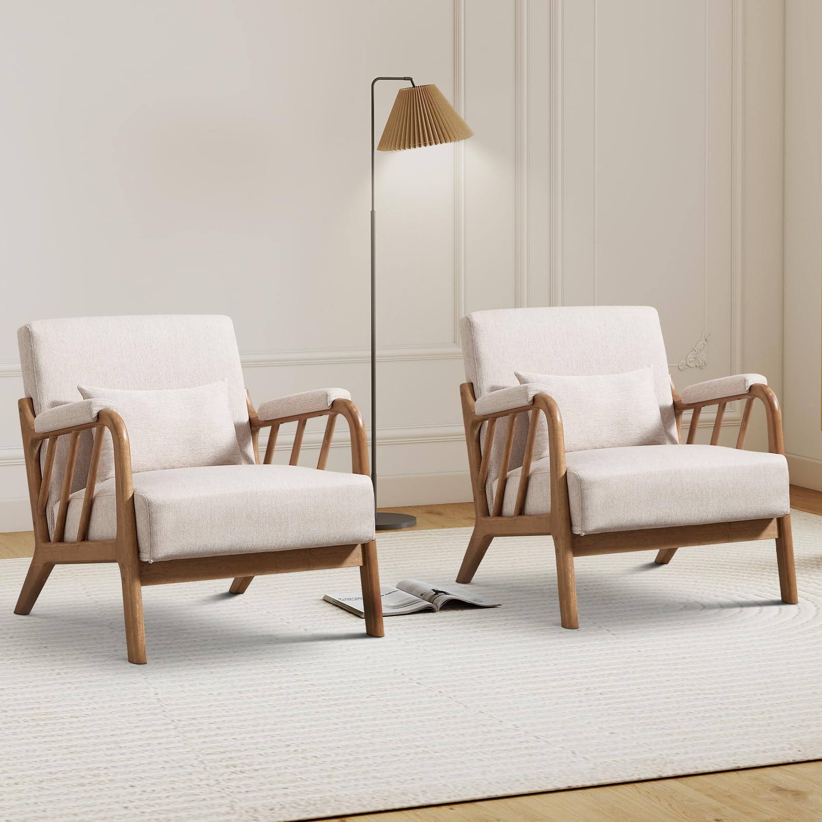 IOMOR Mid Century Modern Accent Chair with Solid Wood Frame Linen Fabric, Upholstered Living Room Chairs with Lumbar Cushion Padded Arms, Reading Armchair for Bedroom (1, Warm Beige)