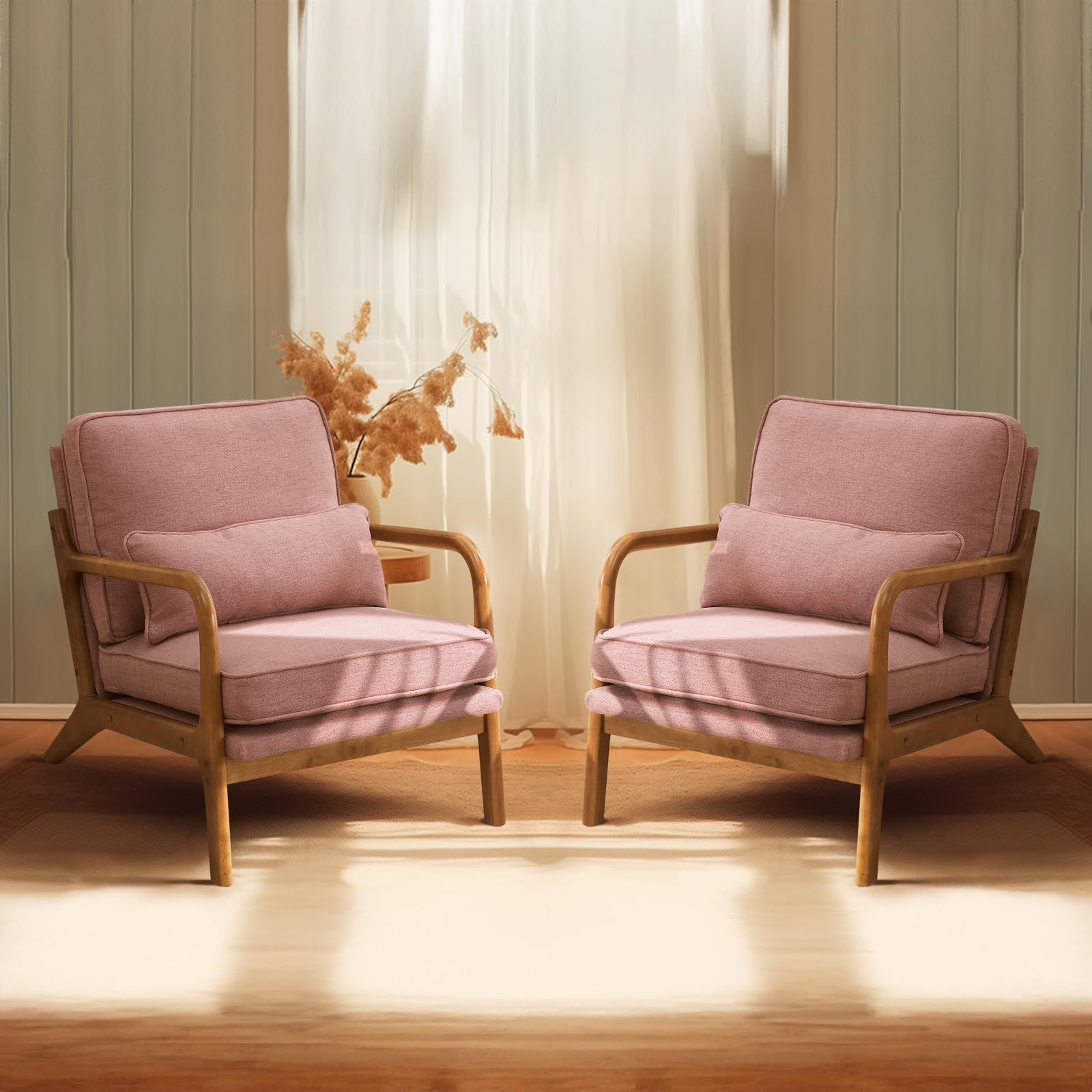 Beige Linen Mid Century Accent Chair, Solid Wood Frame Padded Lounge Armchair for Living Room Bedroom