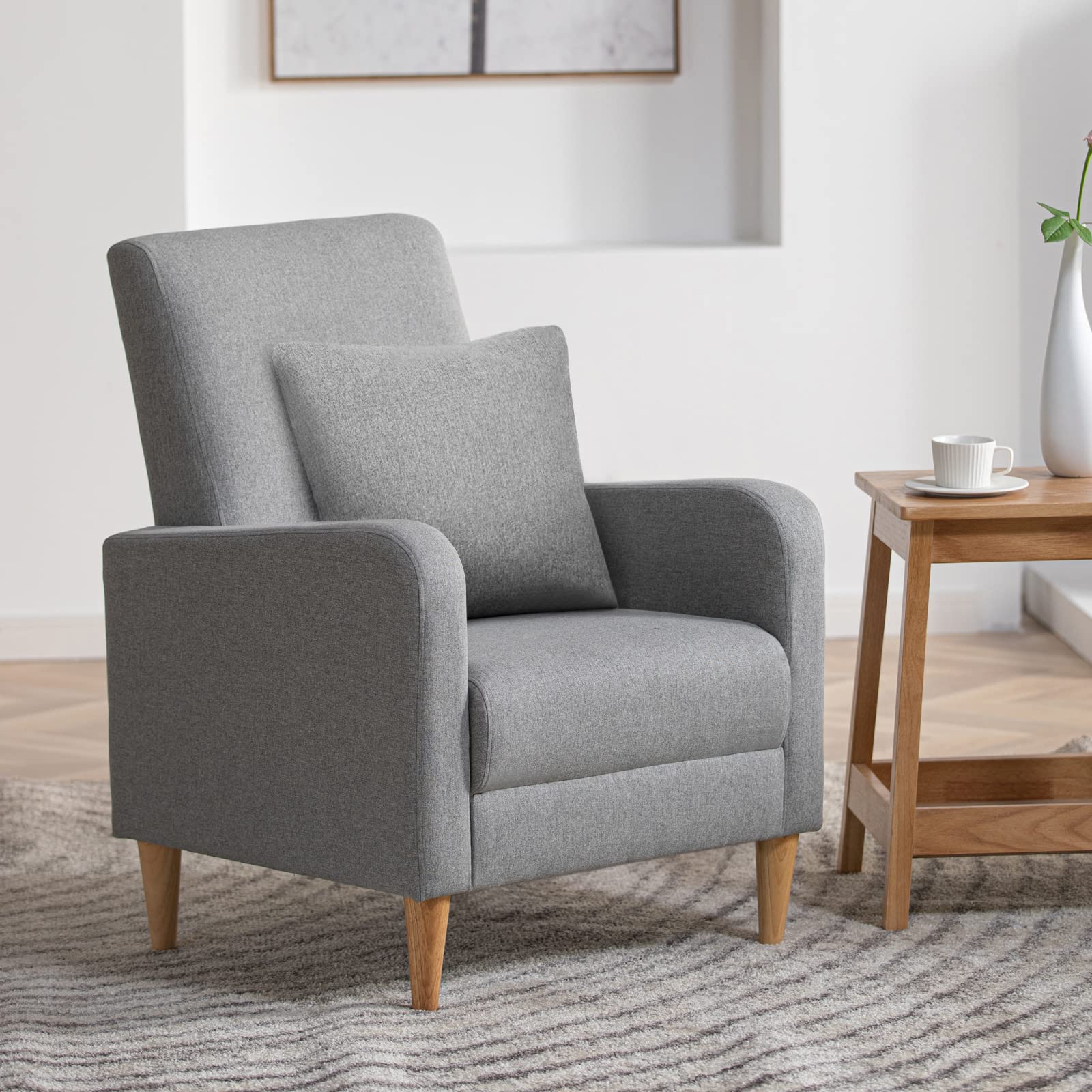 COLAMY Modern Upholstered Accent Chair Armchair with Pillow, Fabric Reading Living Room Side Chair,Single Sofa with Lounge Seat and Wood Legs, Blue
