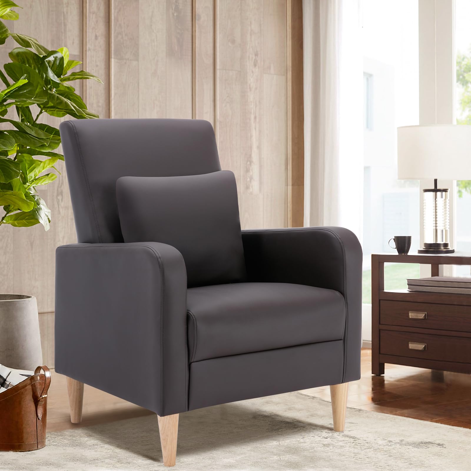 COLAMY Modern Upholstered Accent Chair Armchair with Pillow, Fabric Reading Living Room Side Chair,Single Sofa with Lounge Seat and Wood Legs, Blue