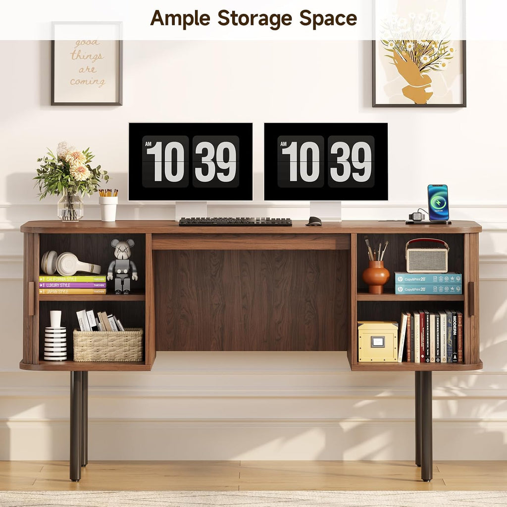 ONBRILL 55 Inch Fluted Computer Desk with Charging Station, Mid Century Executive Desk with 2 Storage Cabinets, Modern Home Office Large Desk with Metal Legs for Working, Studying, Writing, Walnut