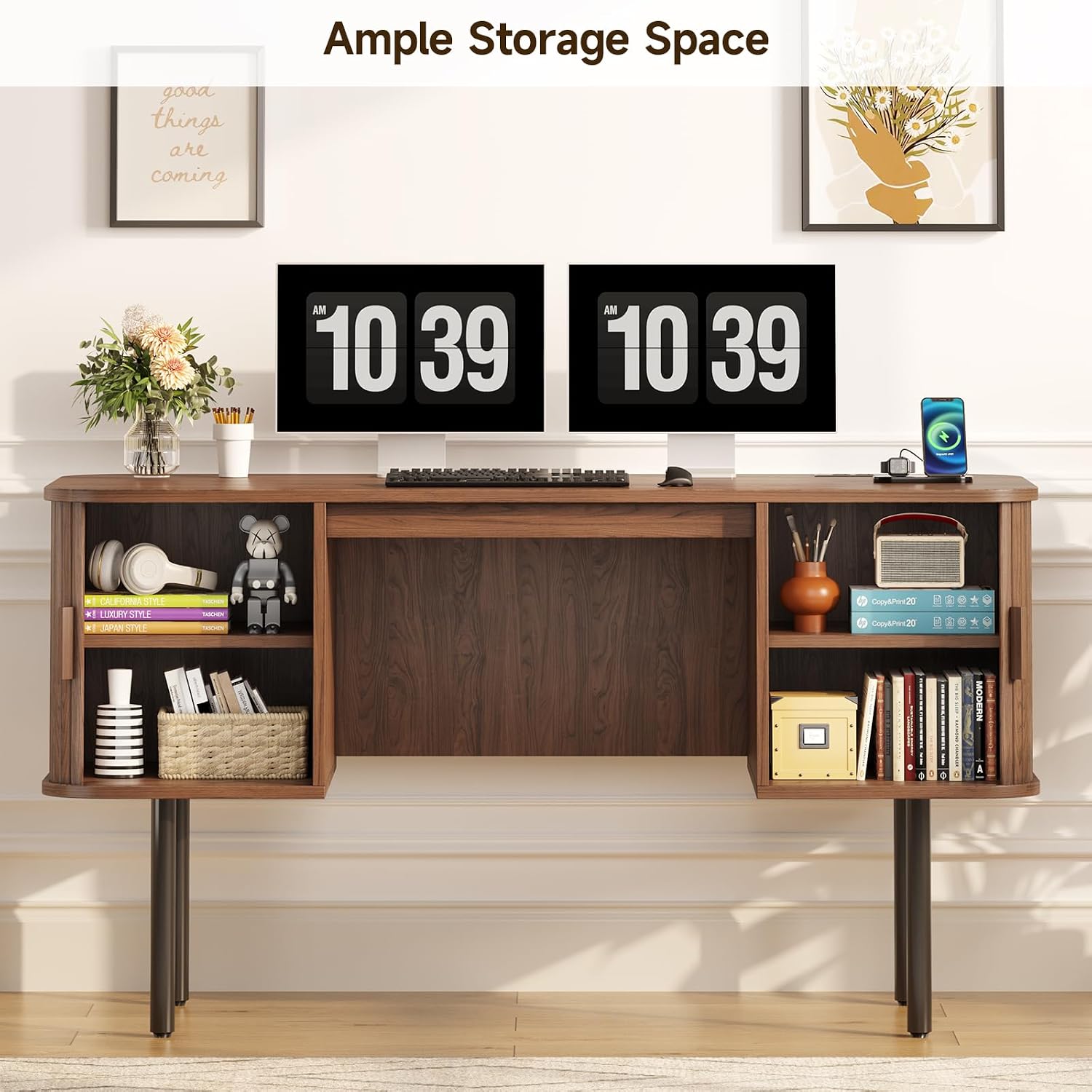 ONBRILL 55 Inch Fluted Computer Desk with Charging Station, Mid Century Executive Desk with 2 Storage Cabinets, Modern Home Office Large Desk with Metal Legs for Working, Studying, Writing, Walnut
