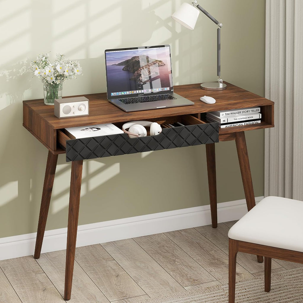 Tangkula Mid Century Modern Desk, Home Office Standing Desk w/Drawer & Open Compartment, Computer Desk Work Study Table, Vintage Writing Desk Wooden Workbench for Bedroom/Living Room