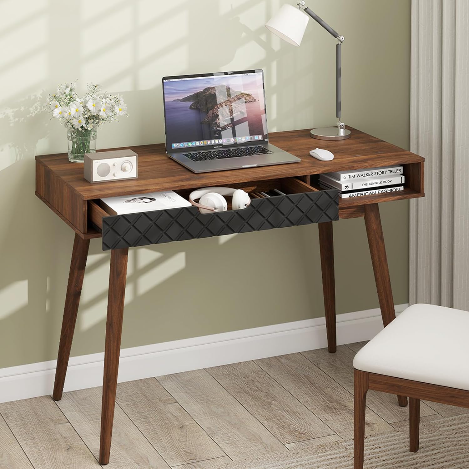 Tangkula Mid Century Modern Desk, Home Office Standing Desk w/Drawer & Open Compartment, Computer Desk Work Study Table, Vintage Writing Desk Wooden Workbench for Bedroom/Living Room