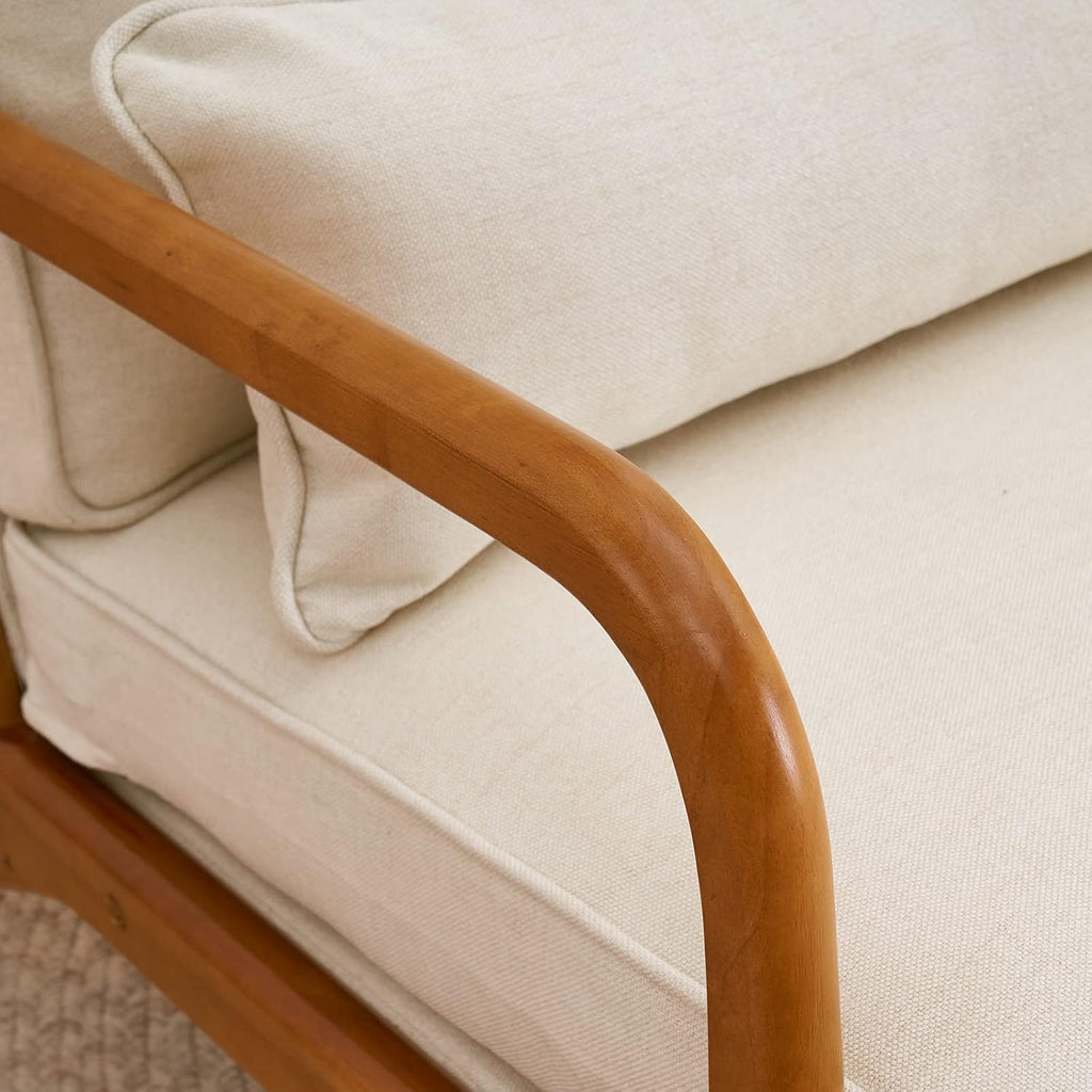 Beige Linen Mid Century Accent Chair, Solid Wood Frame Padded Lounge Armchair for Living Room Bedroom