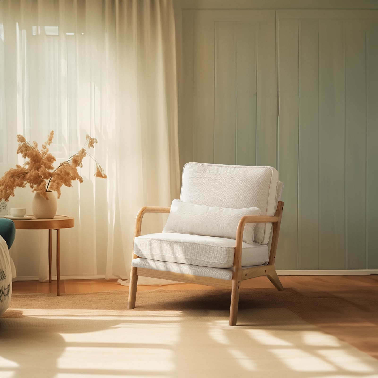 Beige Linen Mid Century Accent Chair, Solid Wood Frame Padded Lounge Armchair for Living Room Bedroom