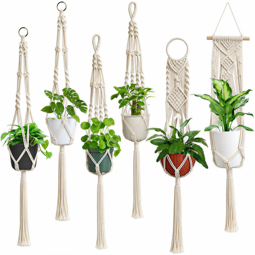 Laerjin Macrame Plant Hangers, Set of 6 Handmade Hanging Plant Holder Basket Stand Decorative Flower Pot Holder - Cotton Rope, 4 Legs, 4 Types