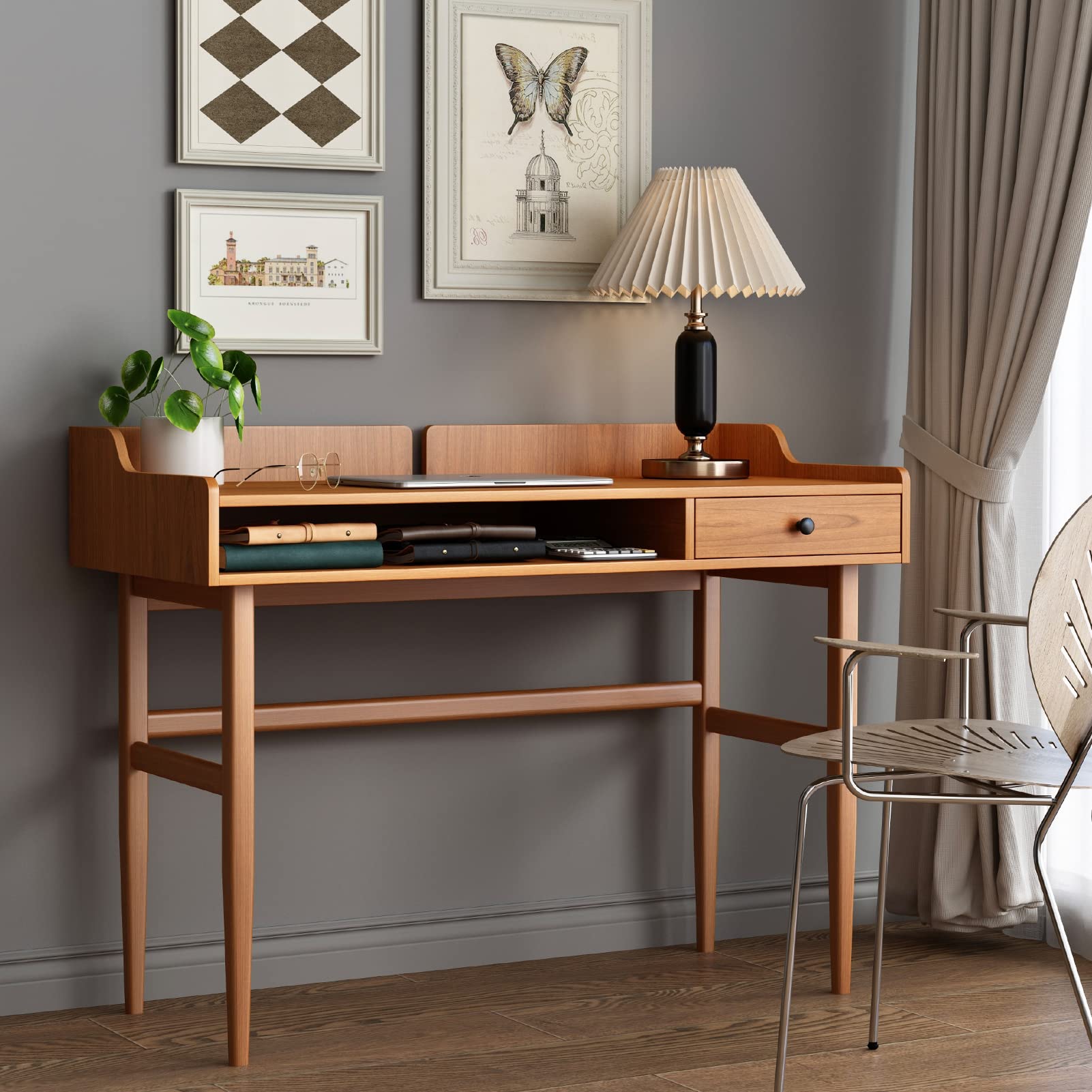 Vintage-Style Desk with Scandinavian Flair, Computer or Laptop Desk, Writing Desk with Drawer and Open Storage Cubby, Small Space Dressing Table
