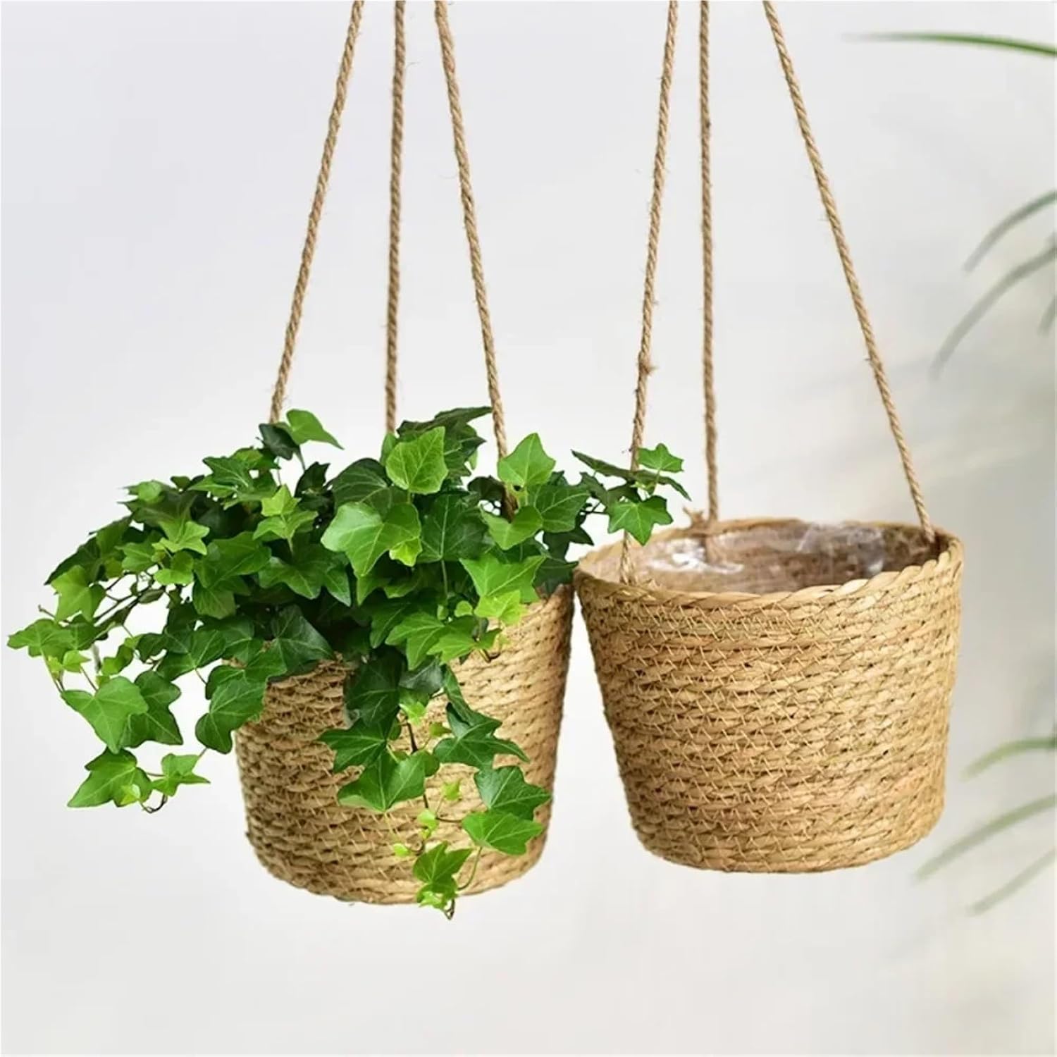 Straw Weaving Flowerpot Hang Flowerpot Strong Load-Bearing Capacity Bracket High-Capacity Straw Weaving Hanging Flower Basket(Original Color)