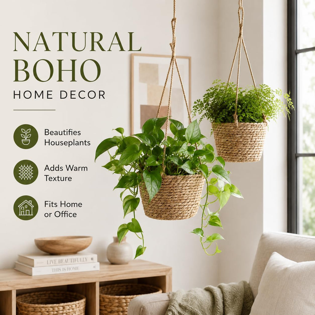 2 Pack Rattan Woven Hanging Planter Baskets with Jute Rope & Plastic Liner, Indoor Outdoor Macrame Plant Holder