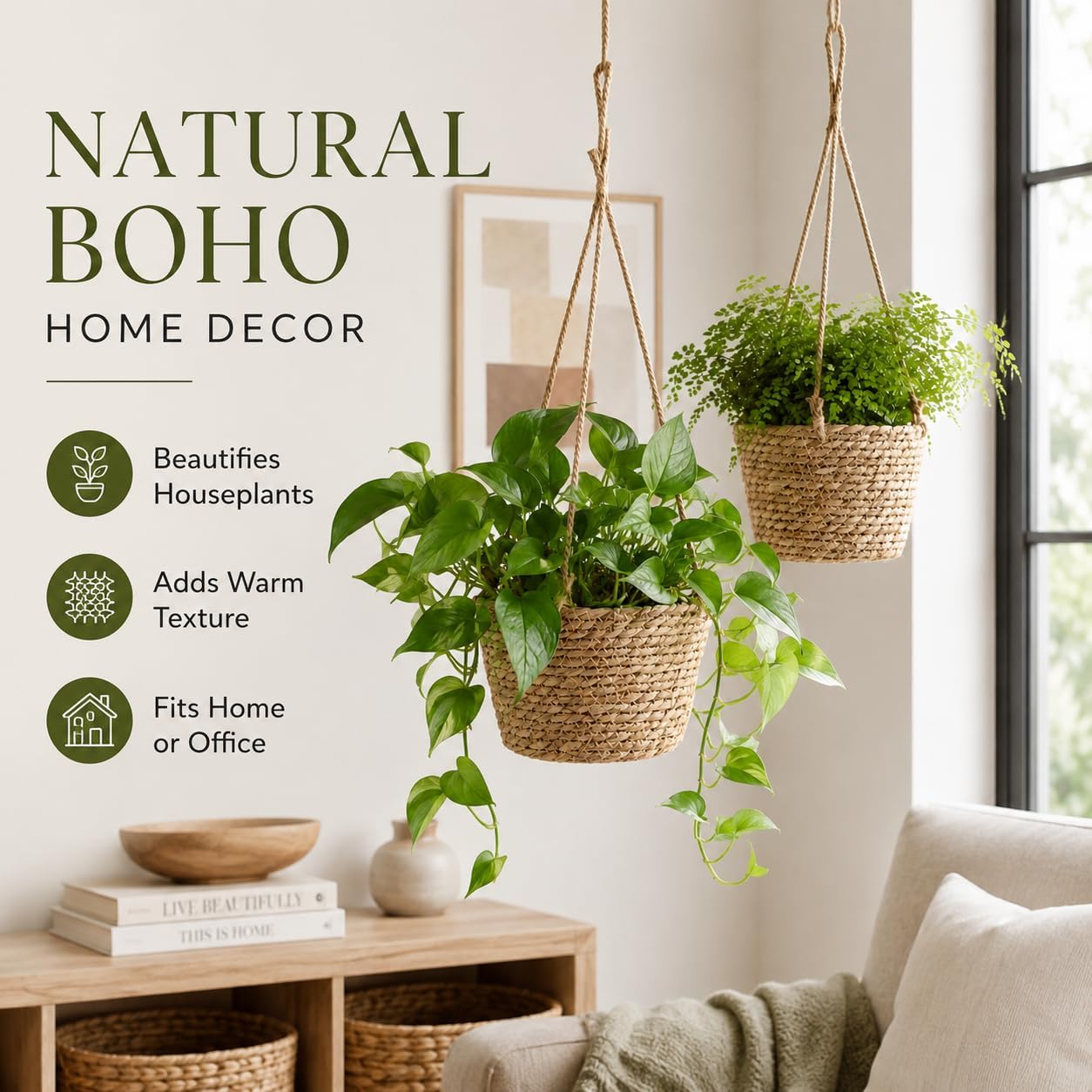 2 Pack Rattan Woven Hanging Planter Baskets with Jute Rope & Plastic Liner, Indoor Outdoor Macrame Plant Holder
