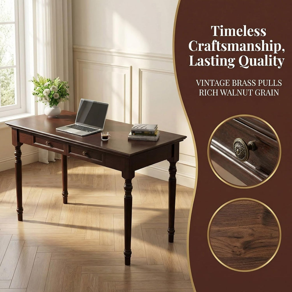 Vintage Walnut Writing Desk with 2 Drawers, 47" Traditional Farmhouse Computer Desk, Solid Wood Classic Vanity Dressing Table, for Home Office Study or Living Room, French Country Style