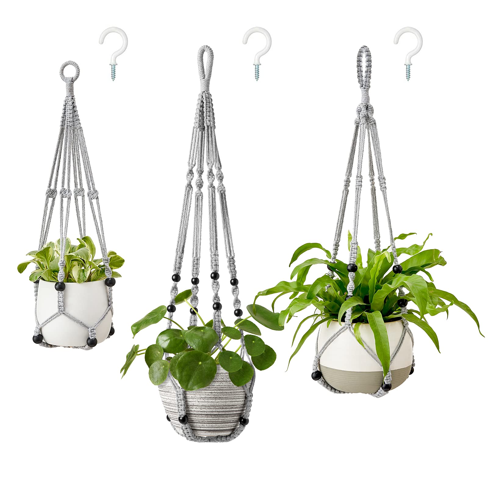 Mkono 3 Pack Macrame Plant Hangers Indoor Different Size Hanging Planter Basket Flower Pot Holder with Beads No Tassels 35"/29"/23", Medium, Ivory