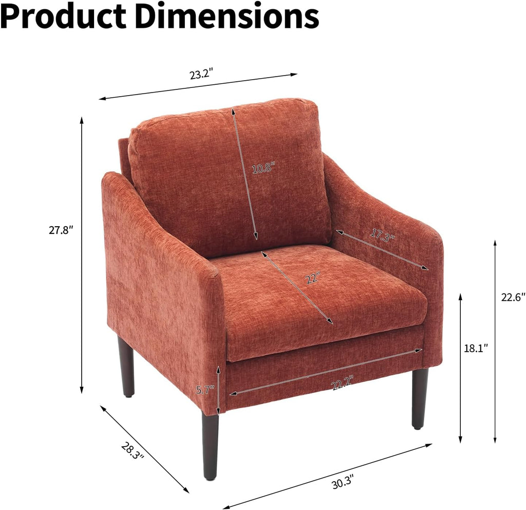 Mid Century Modern Accent Chair, Chenille Fabric Armchair with Curved Arms, Upholstered Reading Chair, Cloud Single Sofa Chair for Living Room, Bedroom, Office, Waiting Room, Orange