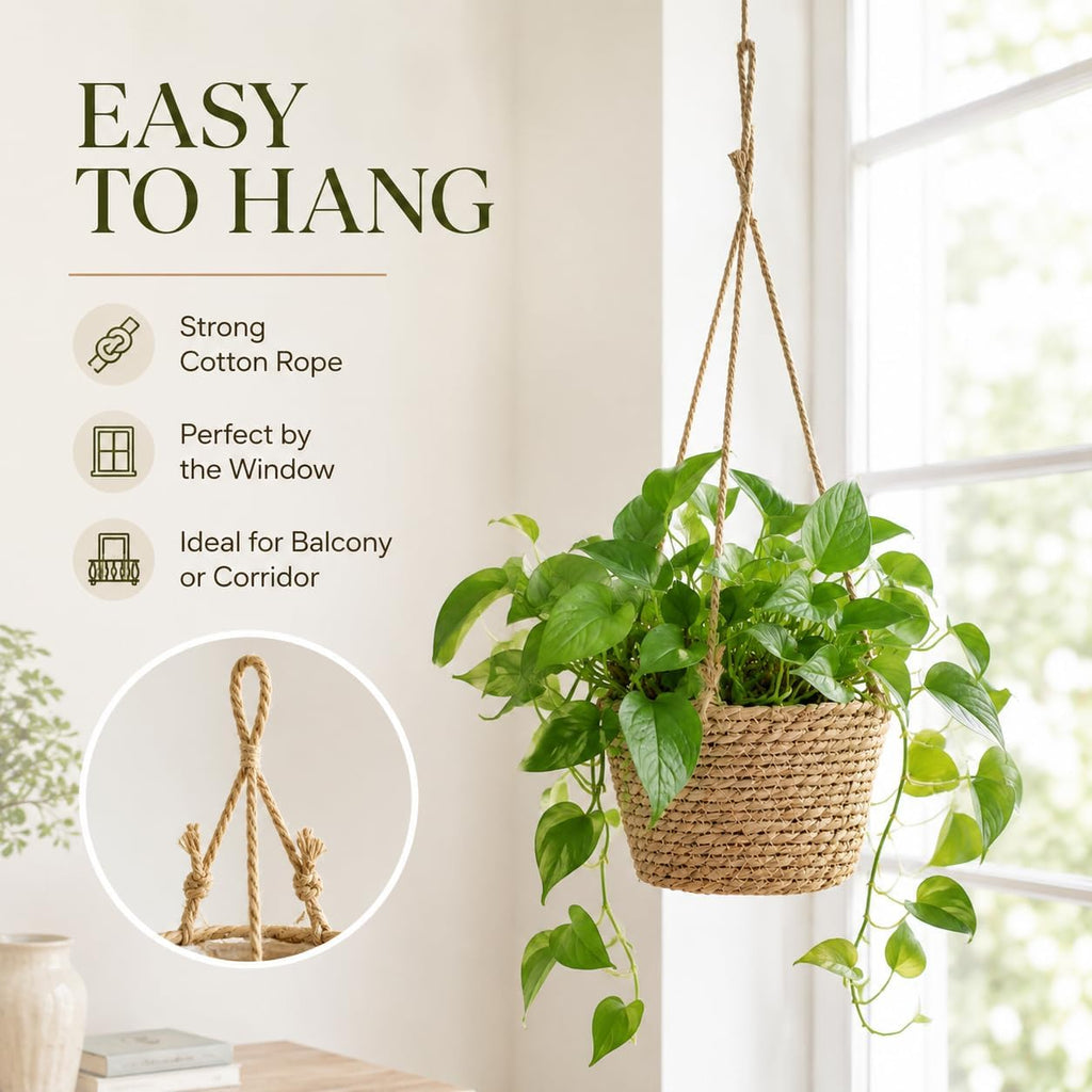 2 Pack Rattan Woven Hanging Planter Baskets with Jute Rope & Plastic Liner, Indoor Outdoor Macrame Plant Holder