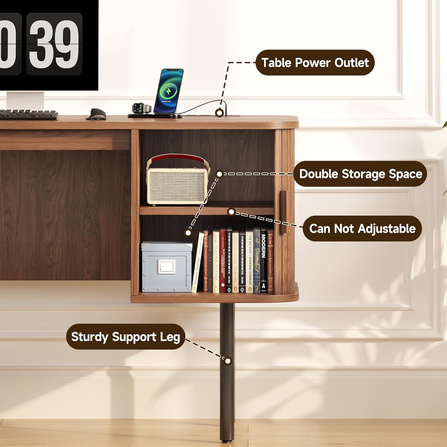 ONBRILL 55 Inch Fluted Computer Desk with Charging Station, Mid Century Executive Desk with 2 Storage Cabinets, Modern Home Office Large Desk with Metal Legs for Working, Studying, Writing, Walnut