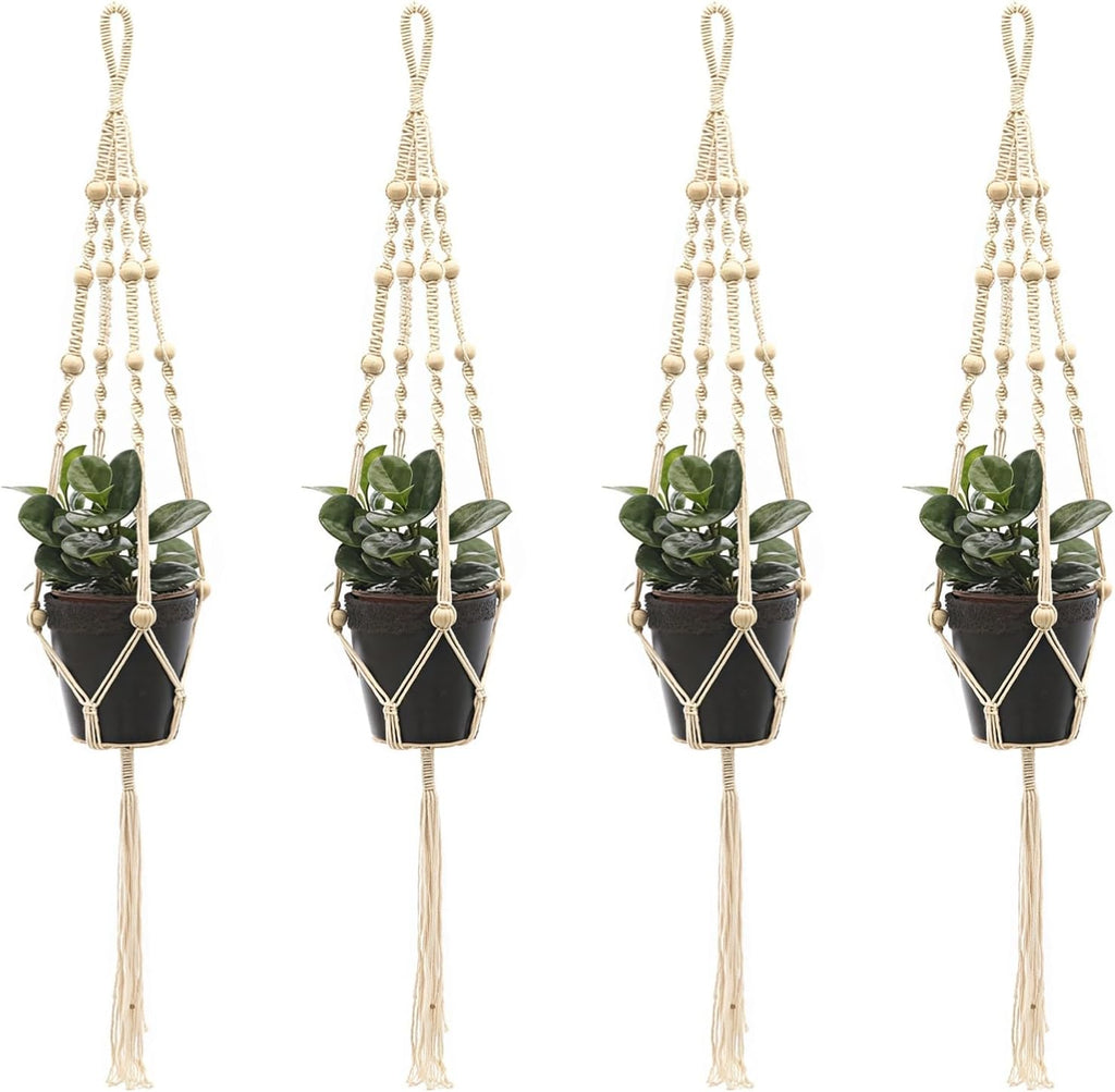 Cotton Rope Plant Hangers 4 Pcs, 39.4 In (100 Cm) Macrame With Wooden Beads, For Indoor And Outdoor, Suitable Small Succulent Pots Planters